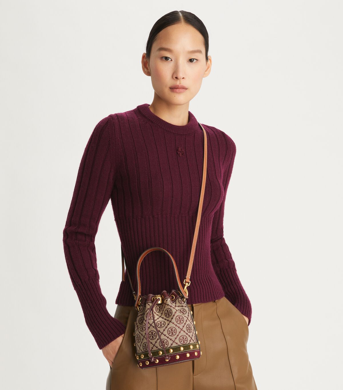 tory burch t monogram jacquard studded mini bucket bag