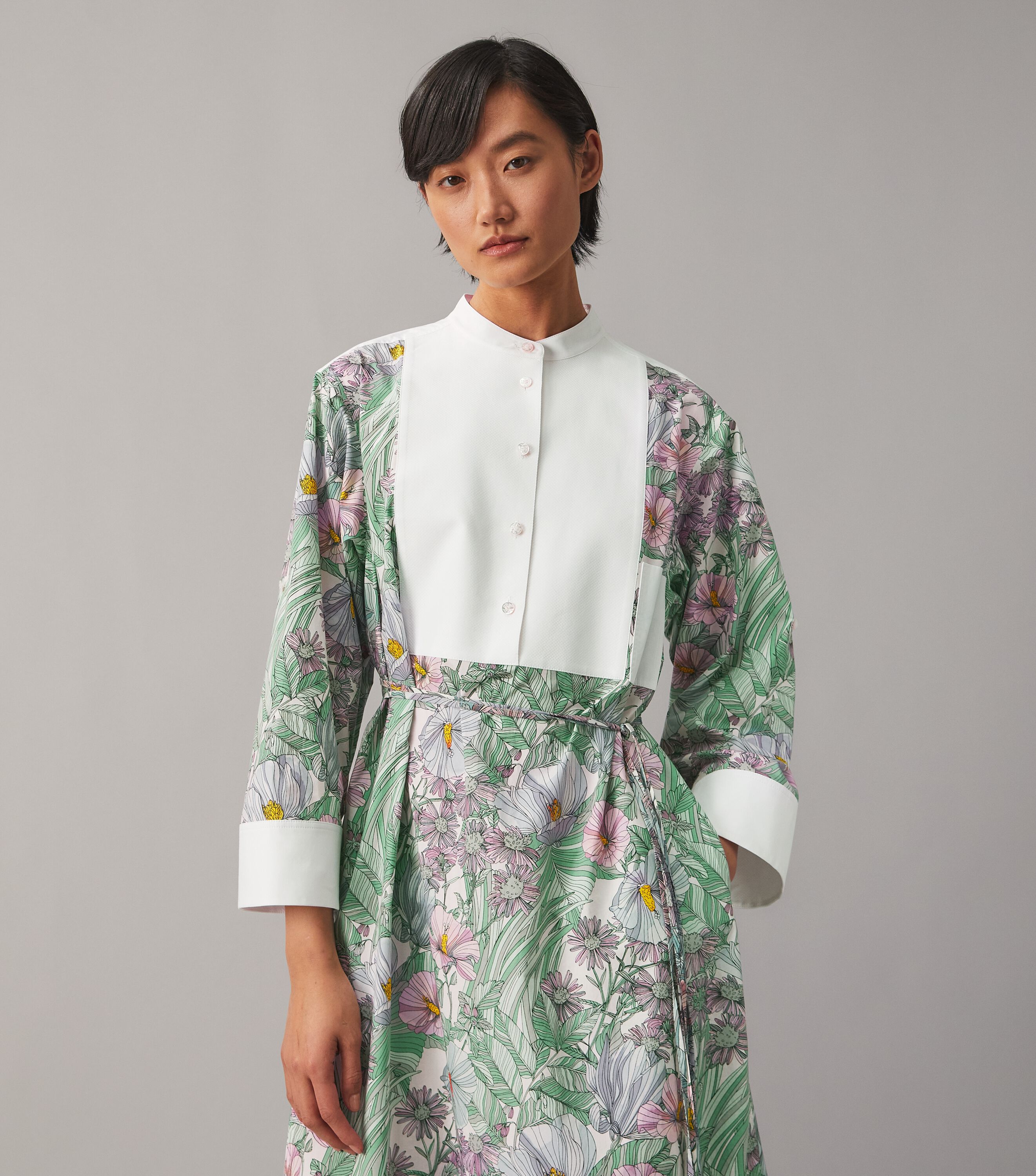 Tory Burch シルクの花柄リボン付きブラウス Bib-Front Printed Caftan, HIBISCUS | Tory Burch KW
