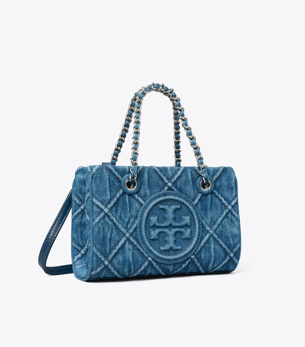 tory burch mini fleming soft denim chain tote