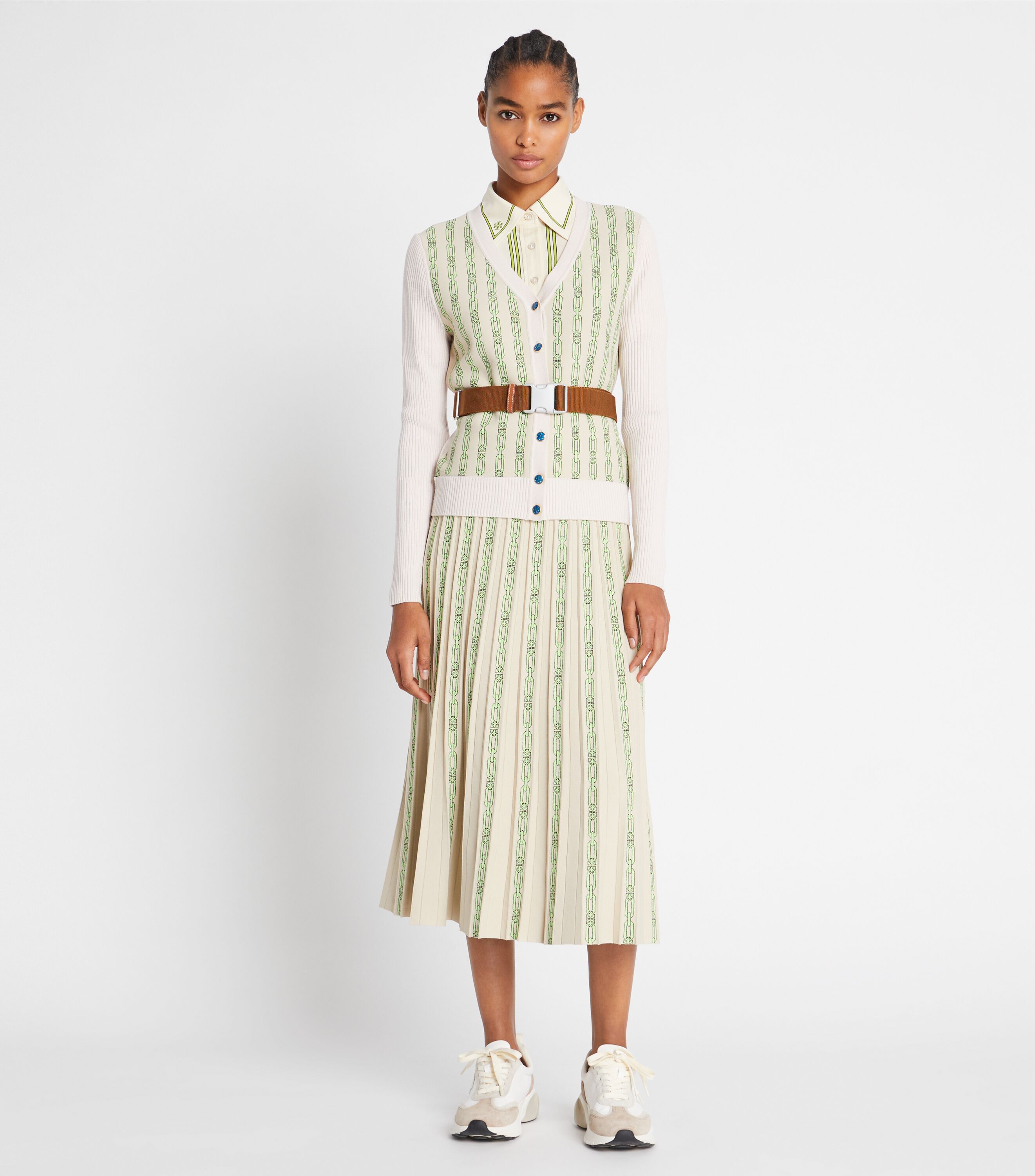 Pleated Jacquard Tech Knit Skirt, Pale Stone Chain Logo Jqd