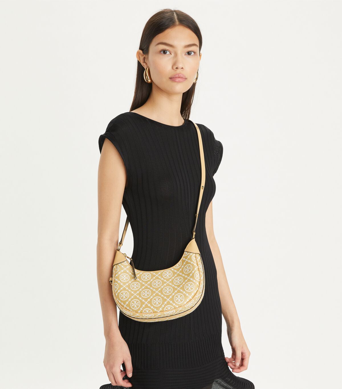 tory burch t monogram raffia crescent bag