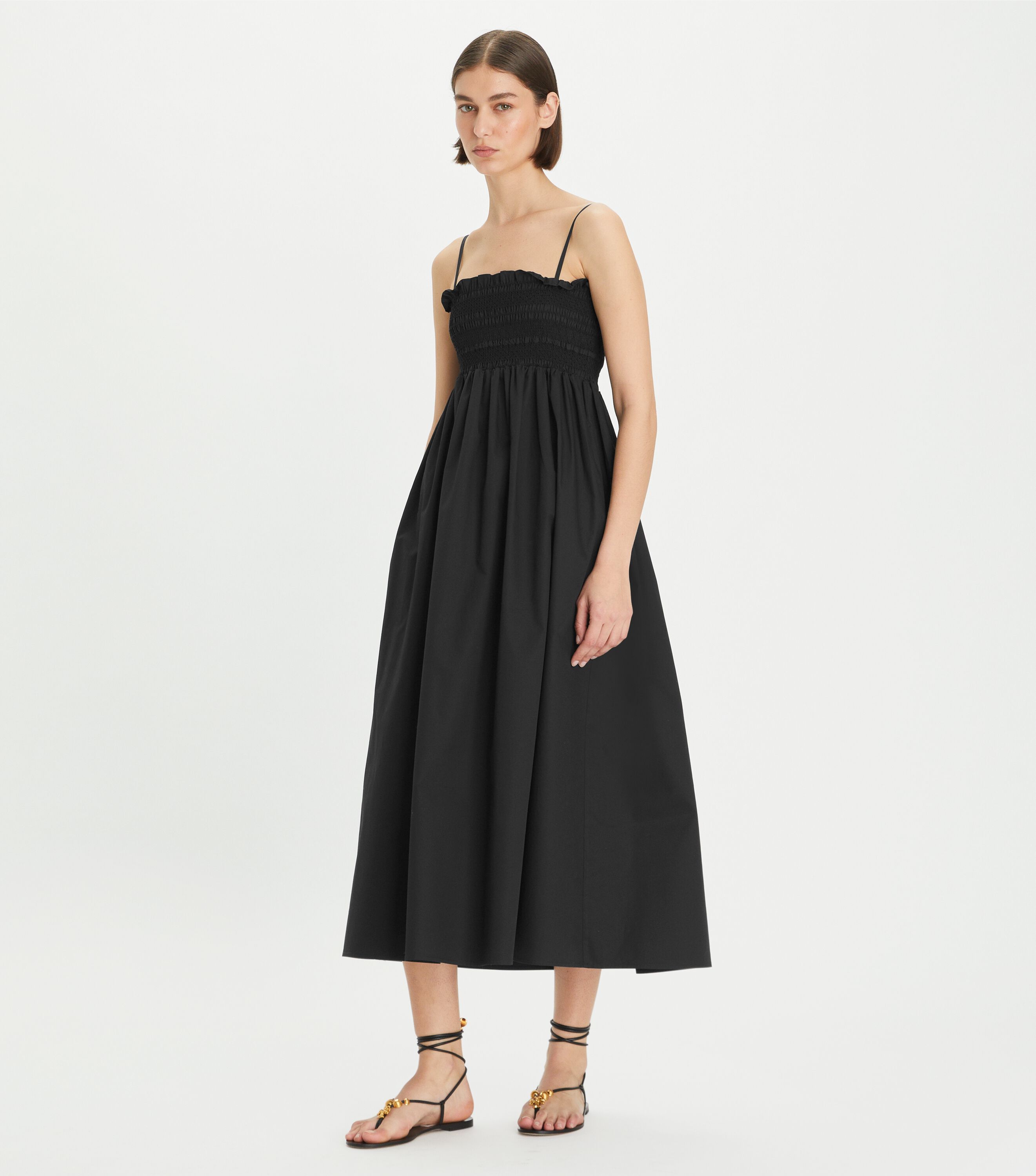 Smocked Cotton Midi Dress, Black | Tory Burch KW
