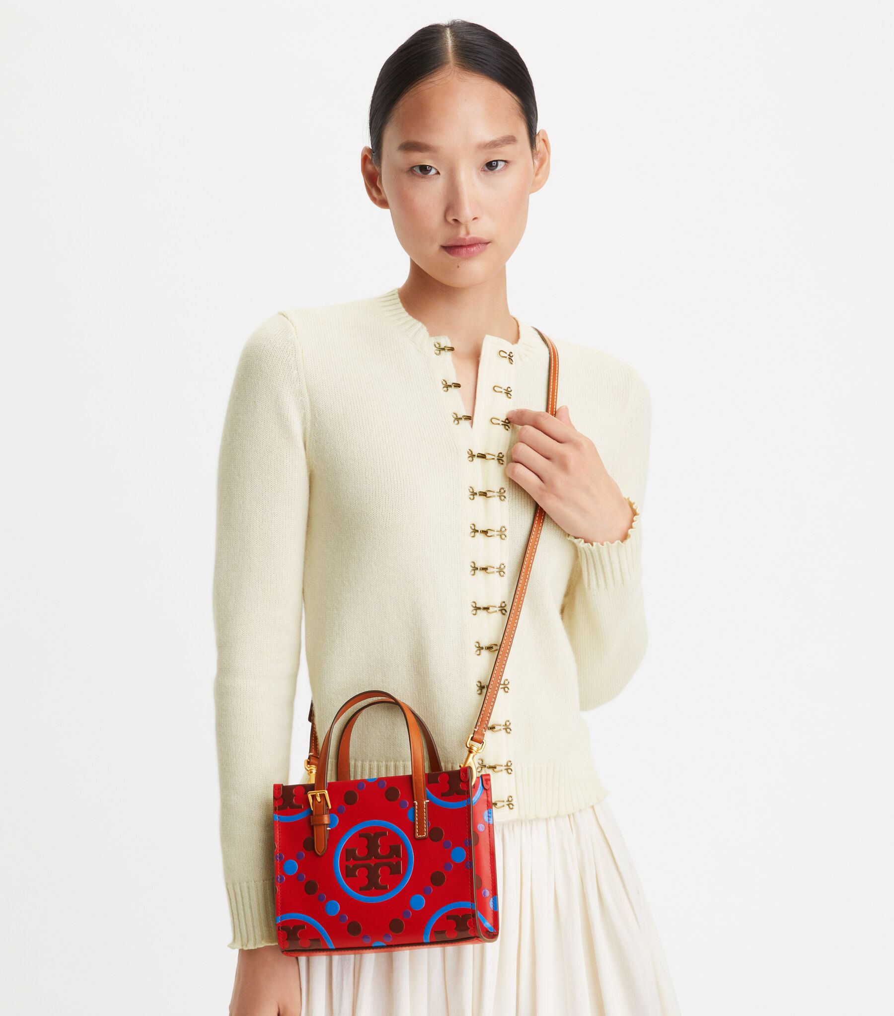 Mini T Monogram Contrast Embossed Square Tote, Tory Red | Tory 