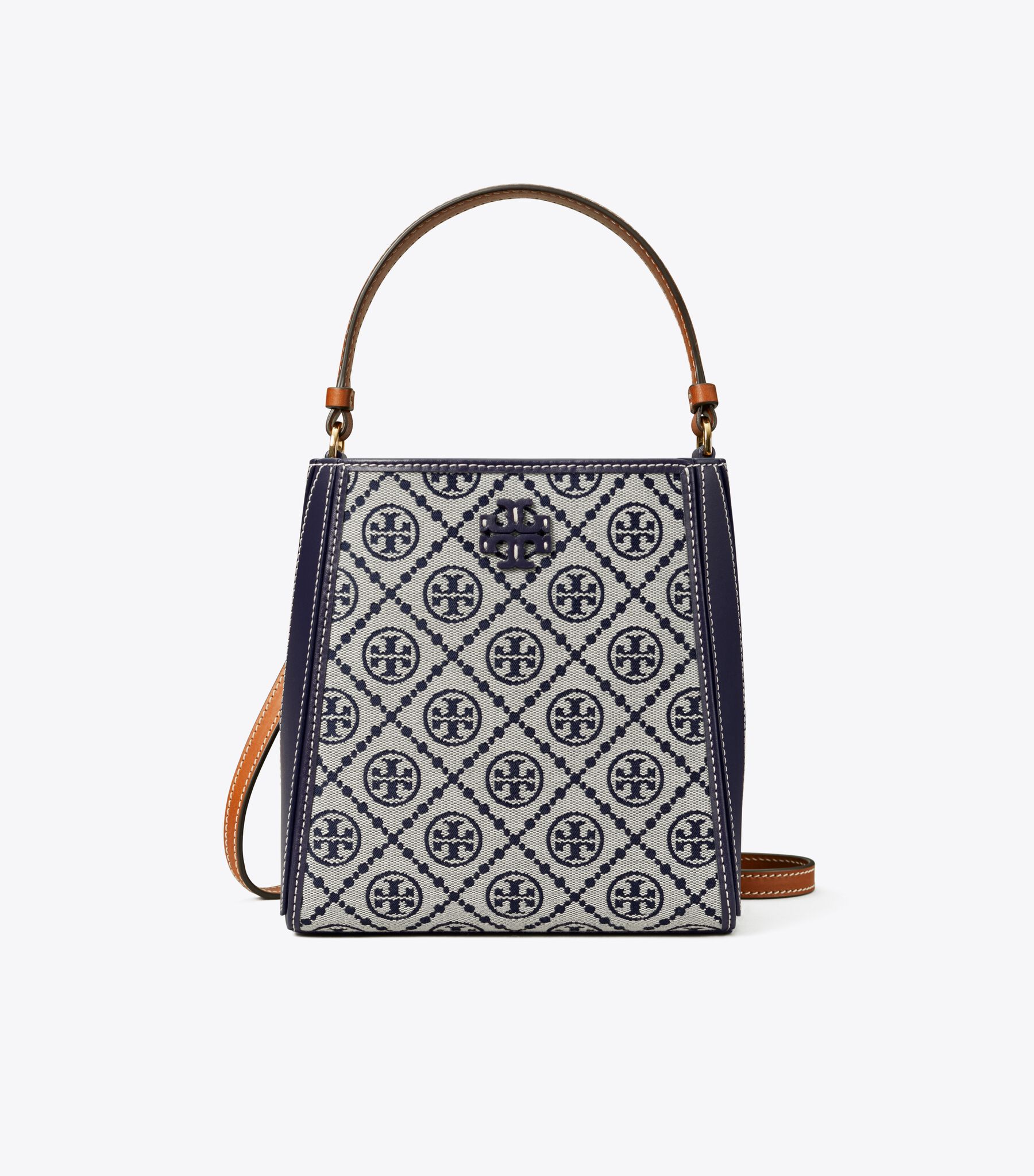 Small T Monogram McGraw Bucket Bag, Tory Navy | Tory Burch KW Tory Burch **BEAUTIFUL** Navy Blue McGraw Womens Leather/Suede Small Bucket Bag main image 0