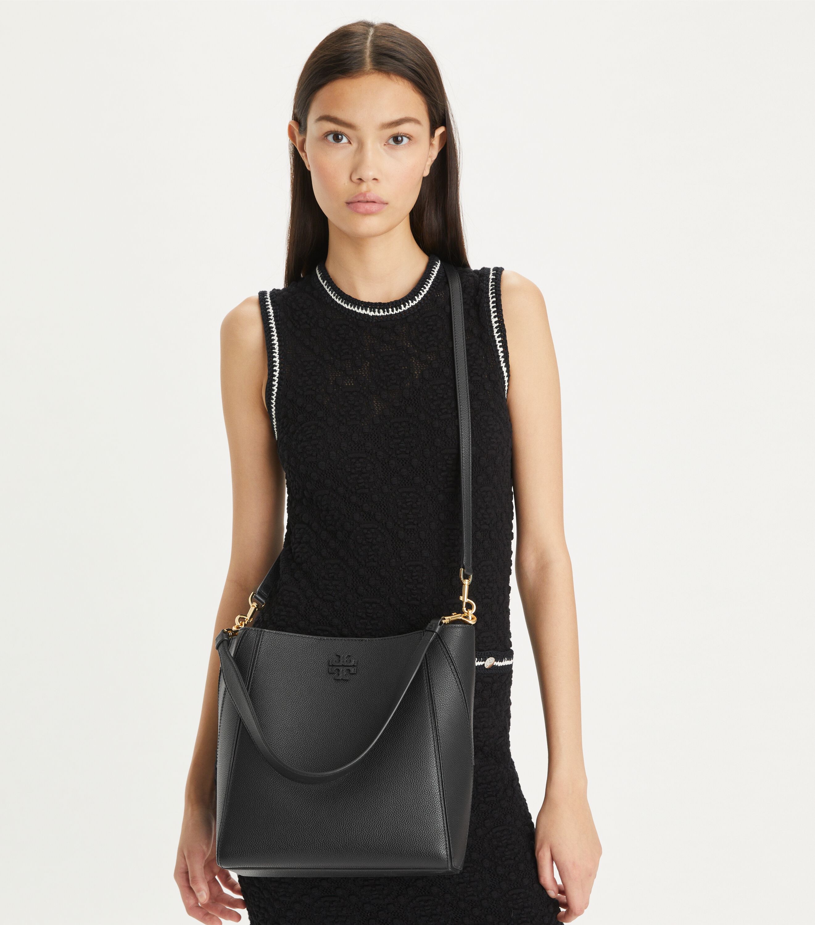 【Tory Burch】 SMALL MCGRAW BUCKET BAG BLACK Small McGraw Textured Bucket Bag: Women's Designer Crossbody