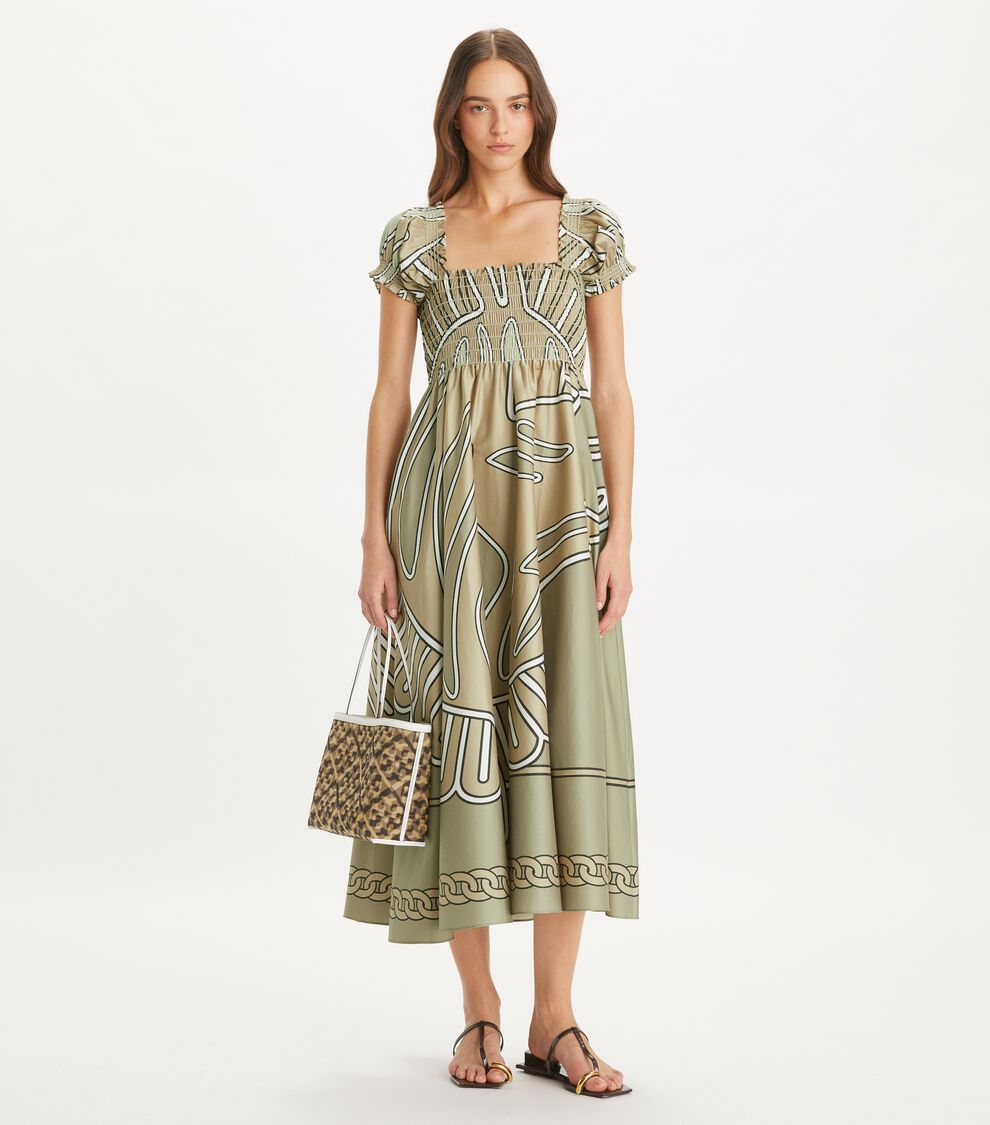 tory burch smocked cotton dress Tory Burch Women's Shoulder Tie Smocked Cotton Dress in White, size L