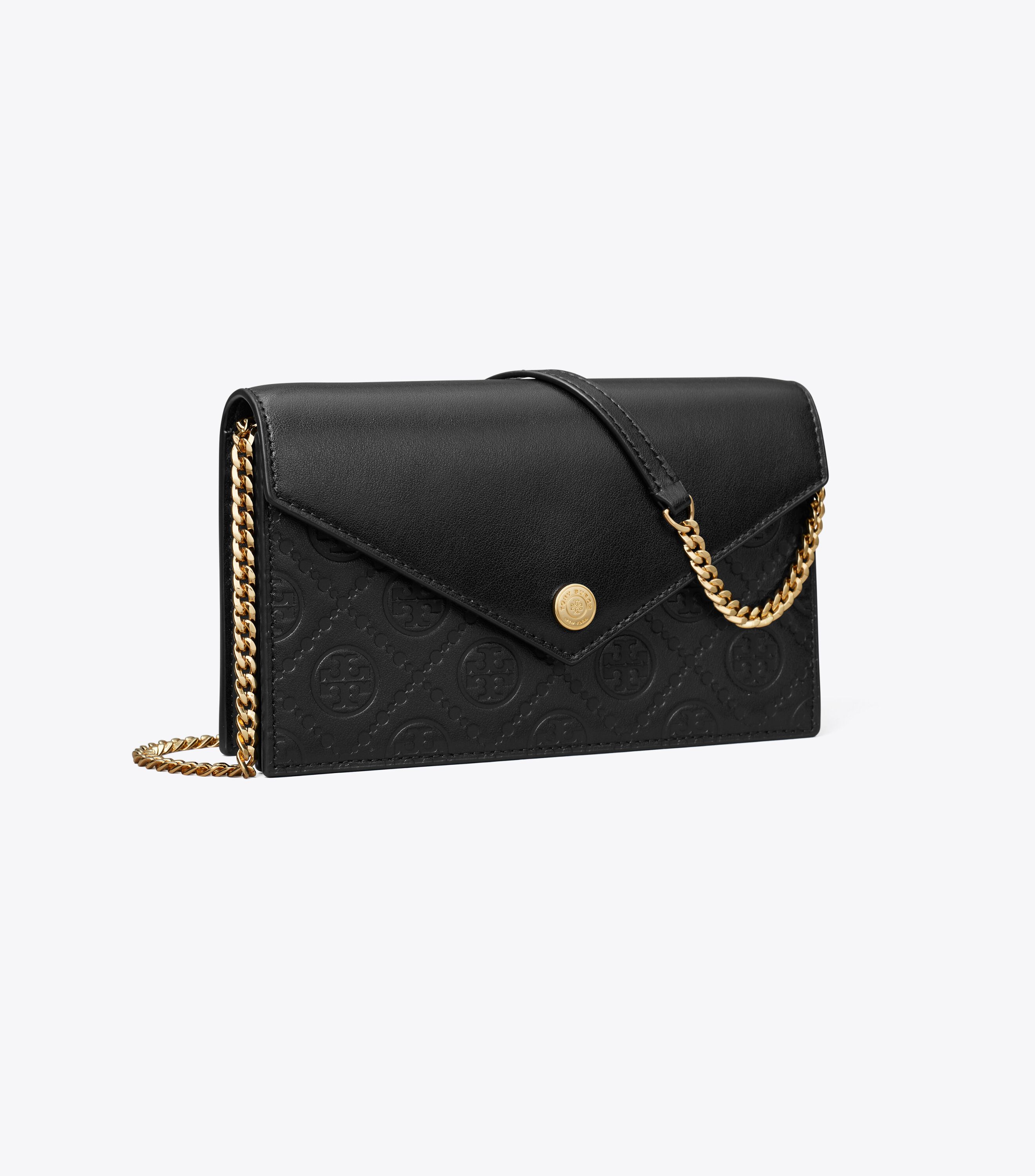 T Monogram Leather Envelope Chain Wallet, Black | Tory Burch KW