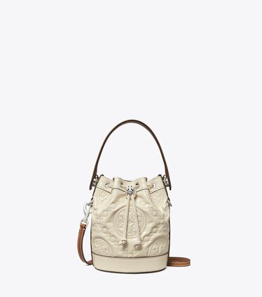 Mini T Monogram Embroidered Patent Bucket Bag