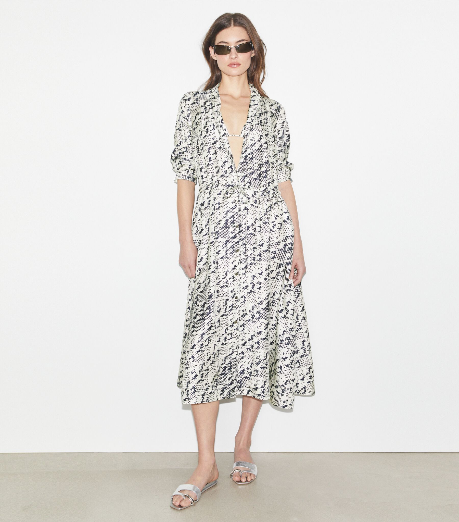Silk Midi Dress, New Ivory Distressed Pixelated Logo | Tory Burch KW