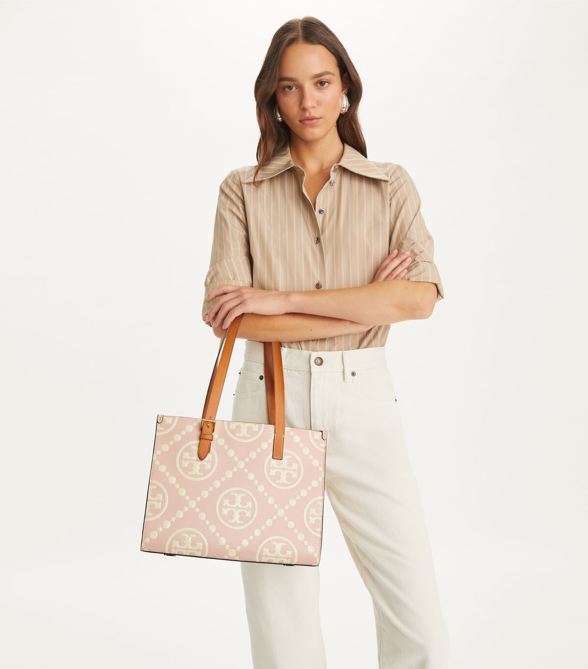 tory burch small t monogram contrast embossed tote