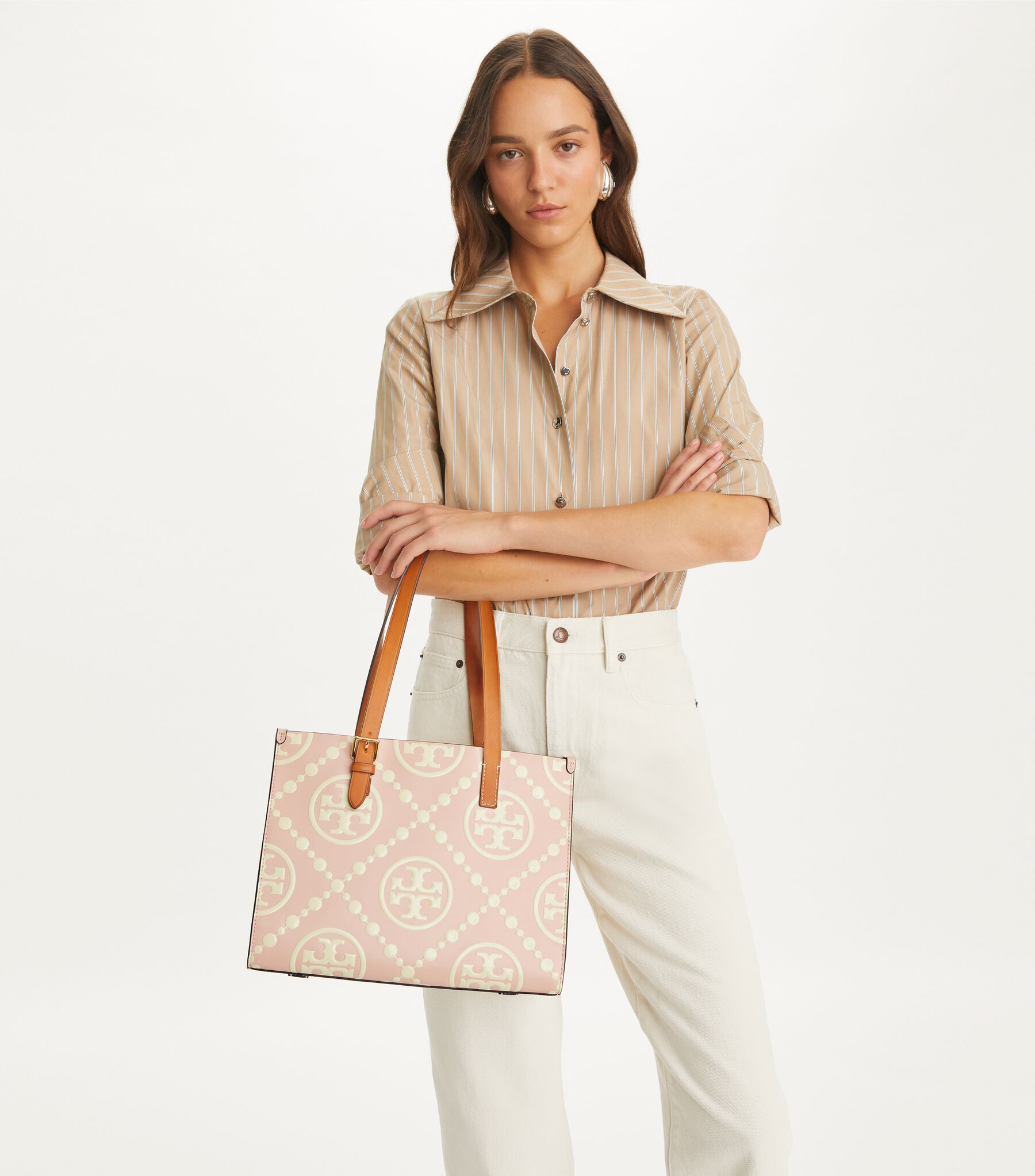 Small T Monogram Contrast Embossed Tote, Pink Dawn | Tory Burch KW