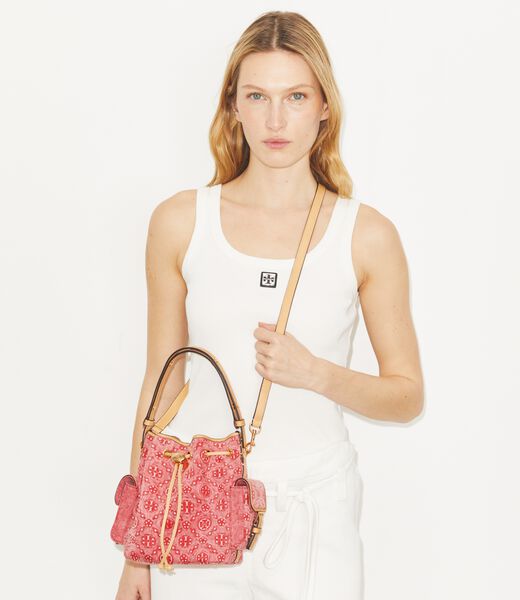 tory burch t monogram denim bucket bag