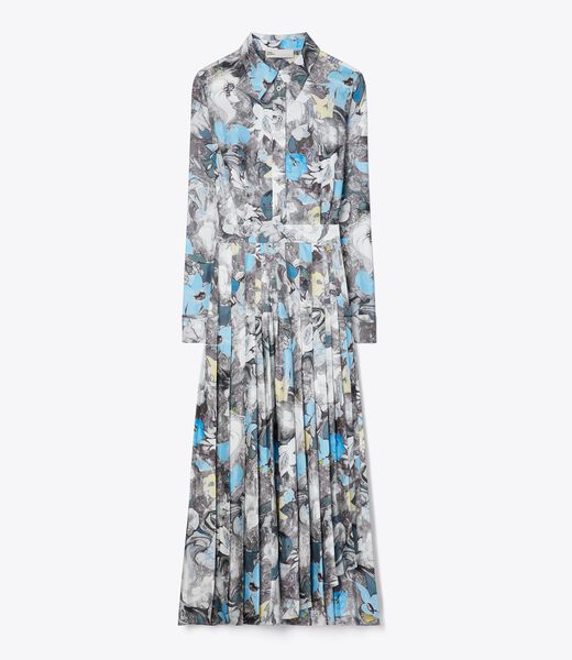 tory burch printed pleated silk twill dress