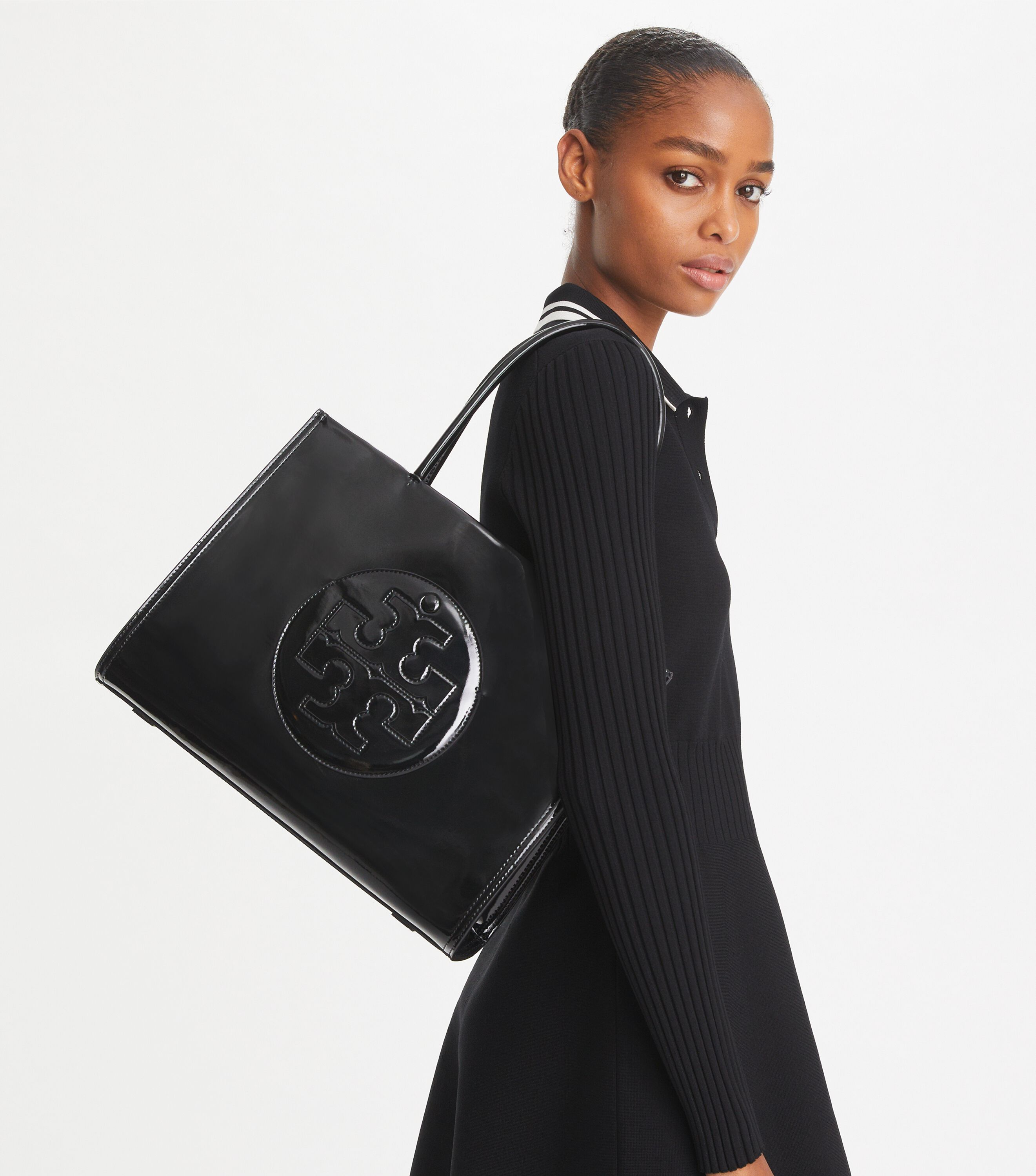 Small Ella Bio Patent Tote, Black | Tory Burch KW