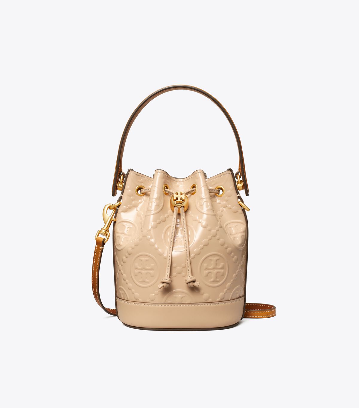tory burch t monogram patent embossed mini bucket bag