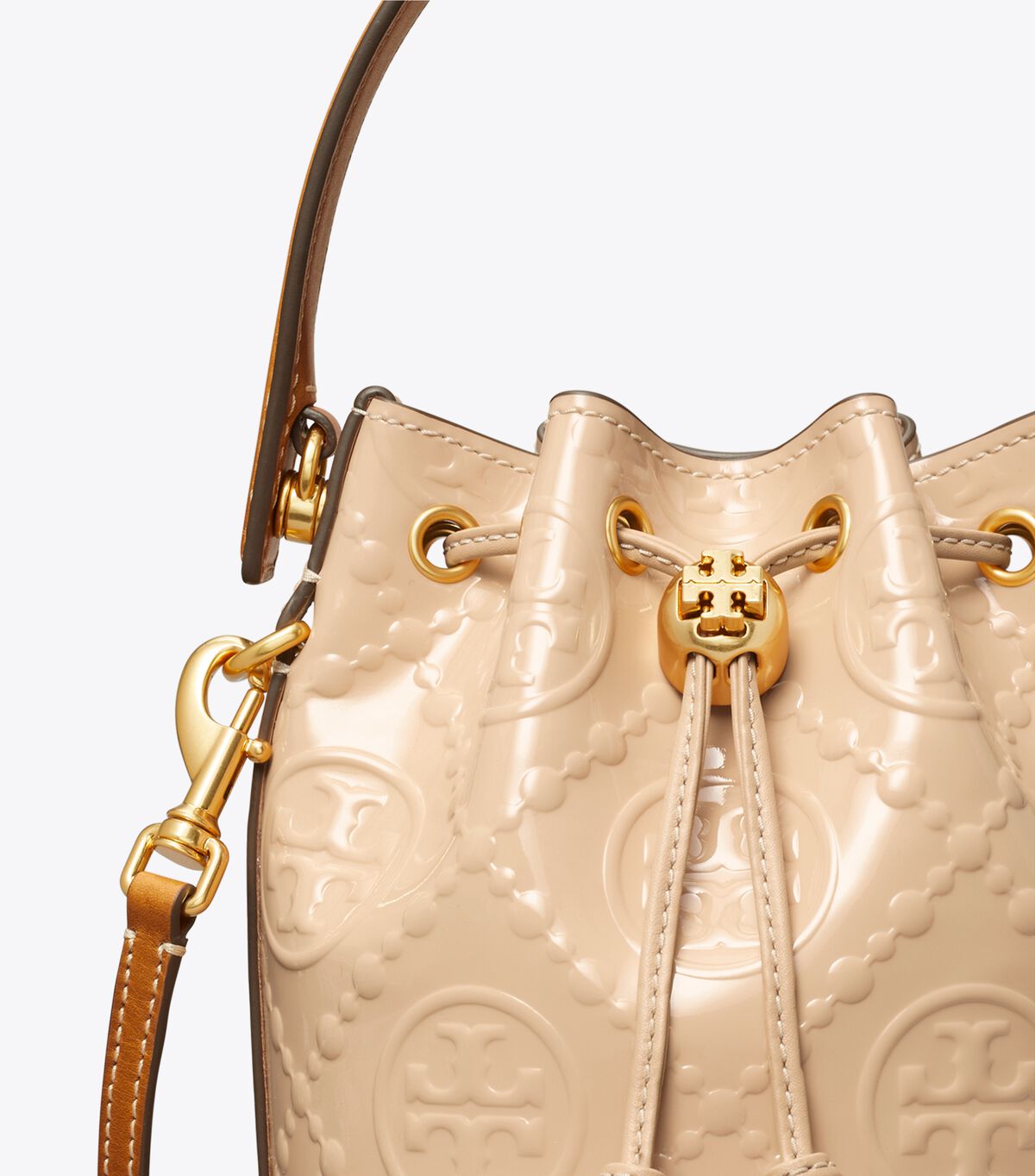 tory burch t monogram patent embossed mini bucket bag