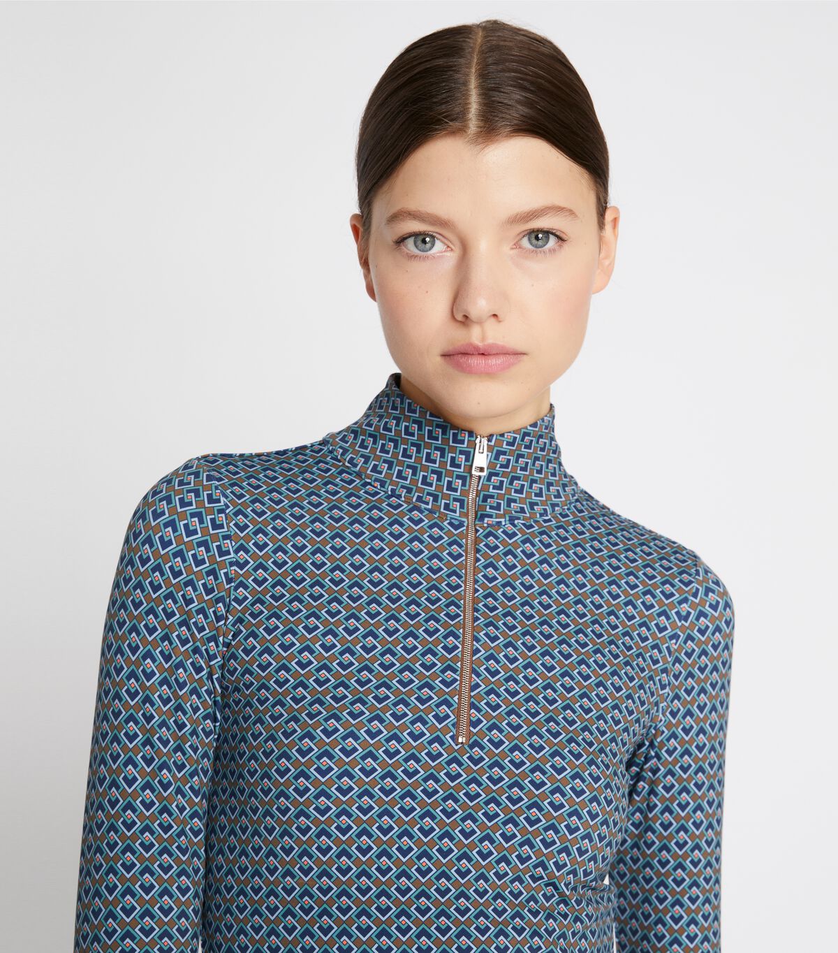 tory burch printed cropped half zip long sleeve top