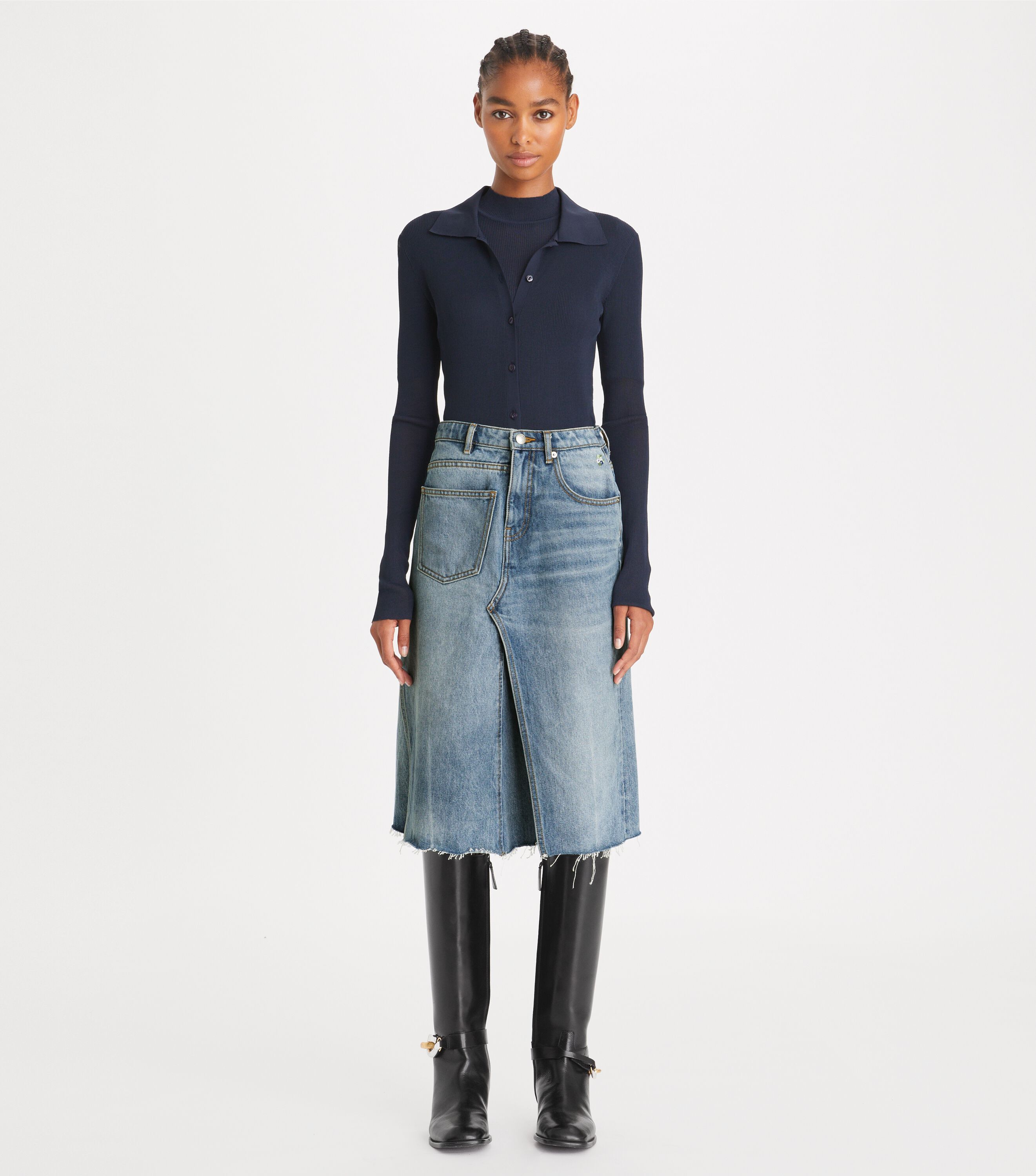 Deconstructed Denim Skirt, Worn Vintage Wash | Tory Burch KW