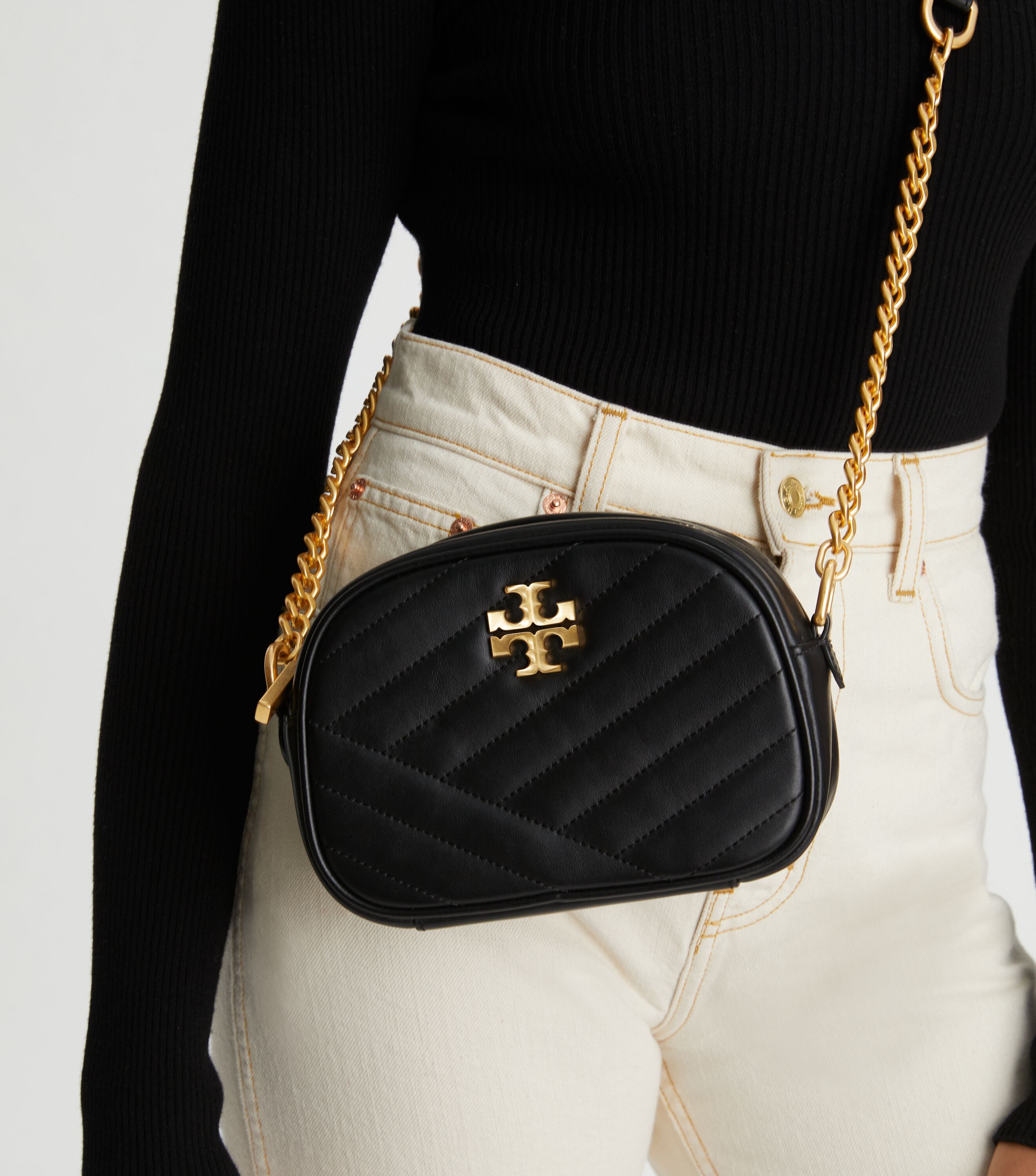 Kira Chevron Small Camera Bag, Black / Rolled Brass | Tory Burch KW