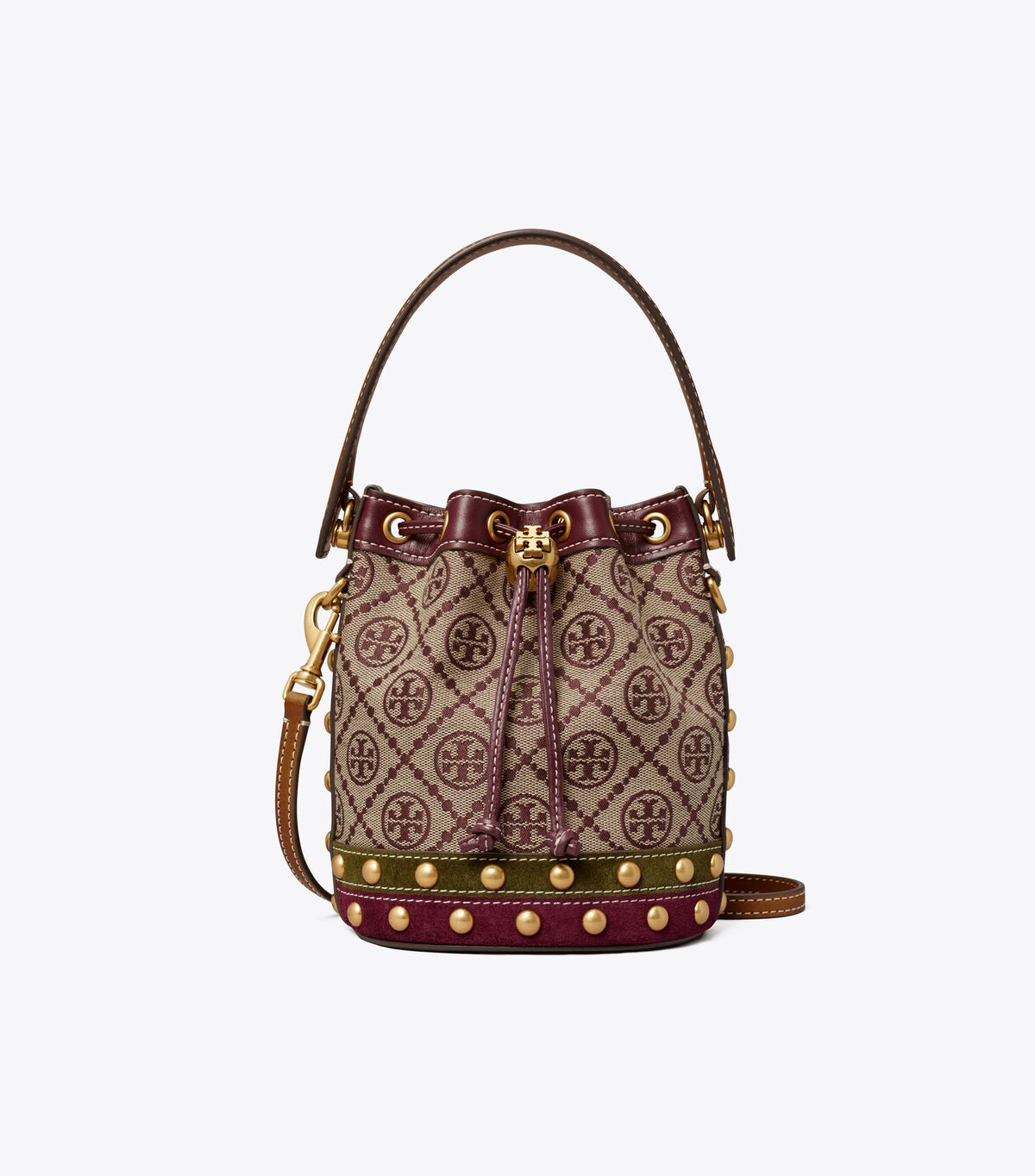 tory burch t monogram jacquard studded mini bucket bag