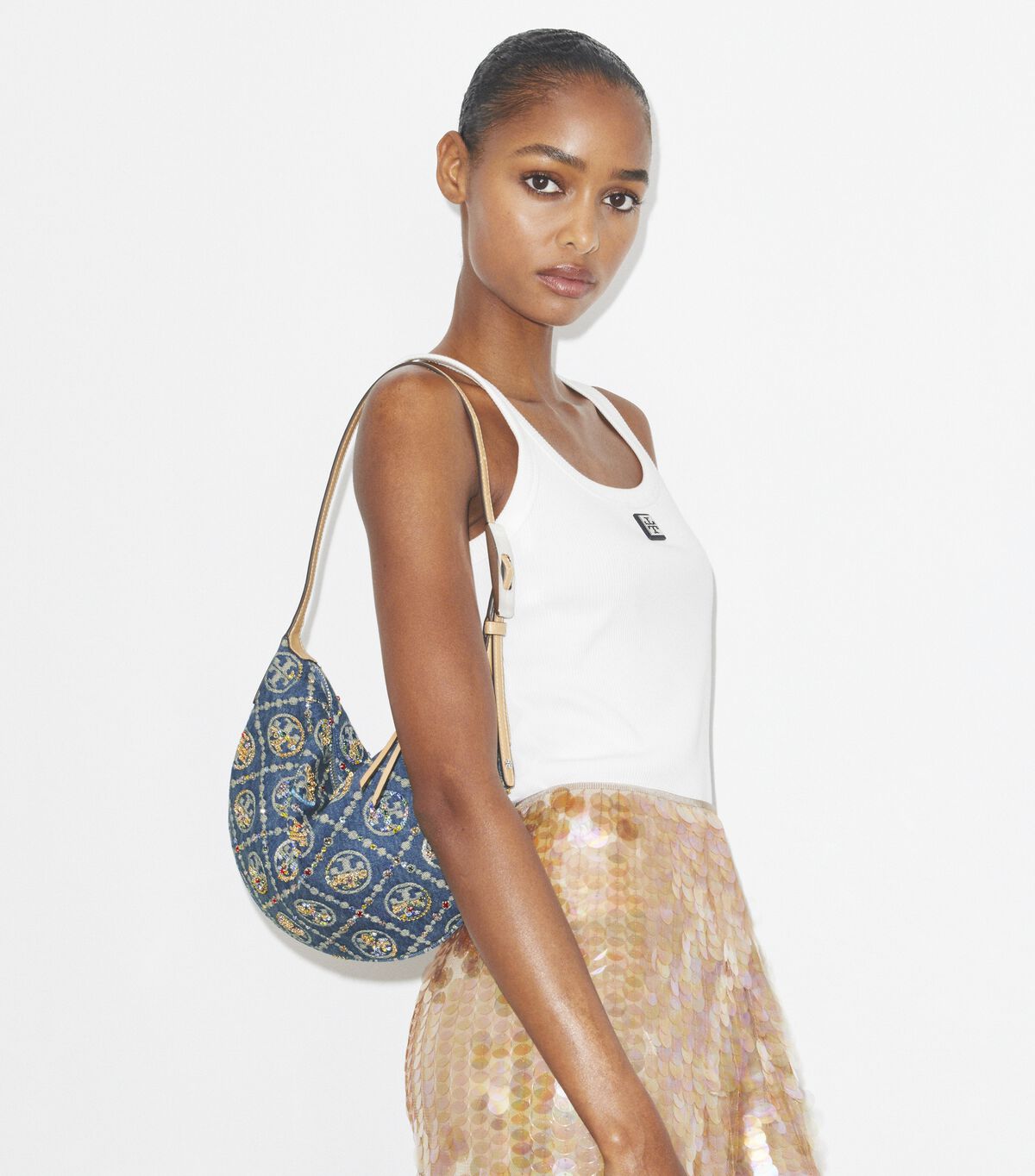 T Monogram Denim Embellished Small Balloon Bag tory burch t monogram denim embellished small balloon bag