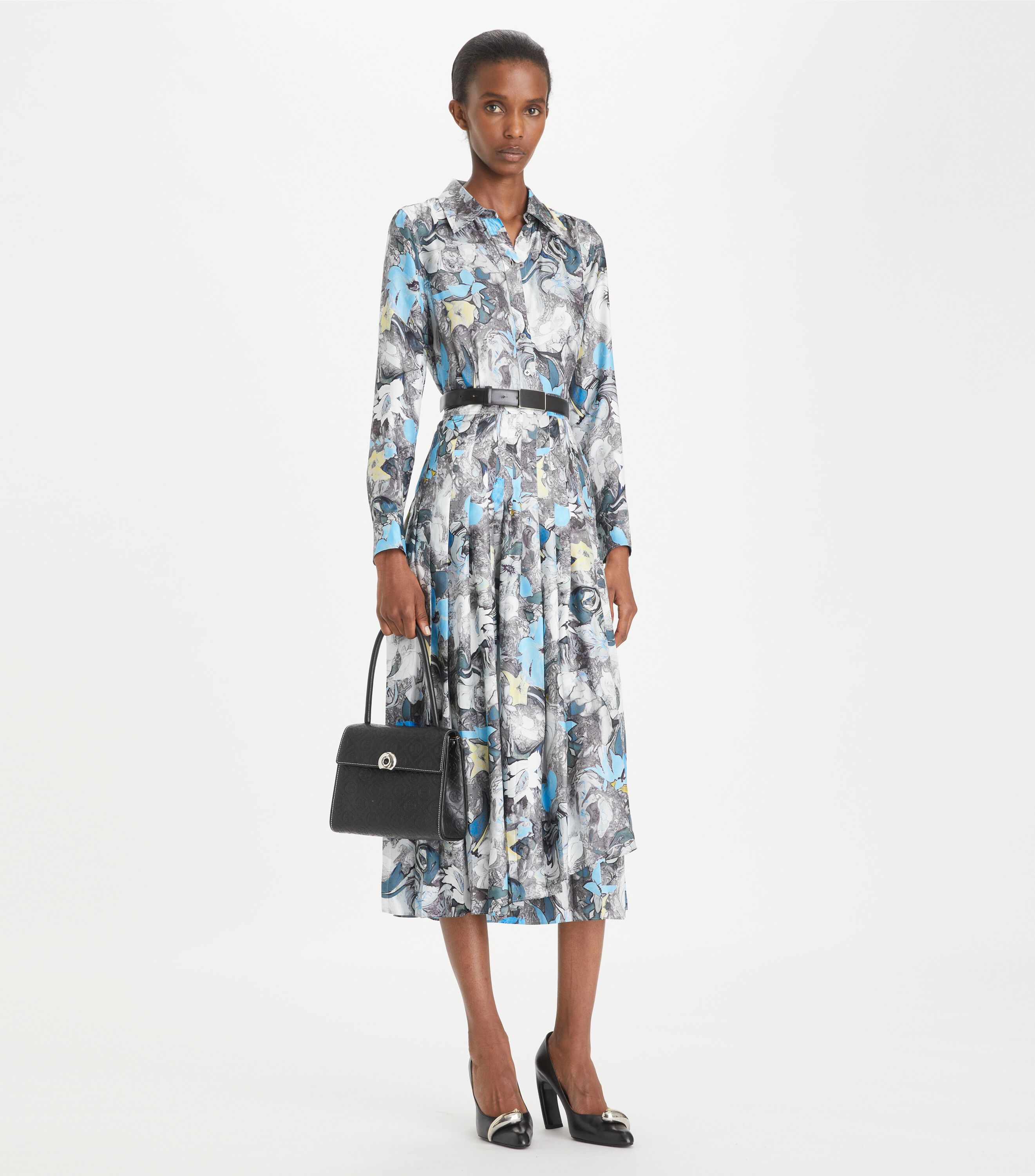 Printed Pleated Silk Twill Dress, Blue Abstract Floral