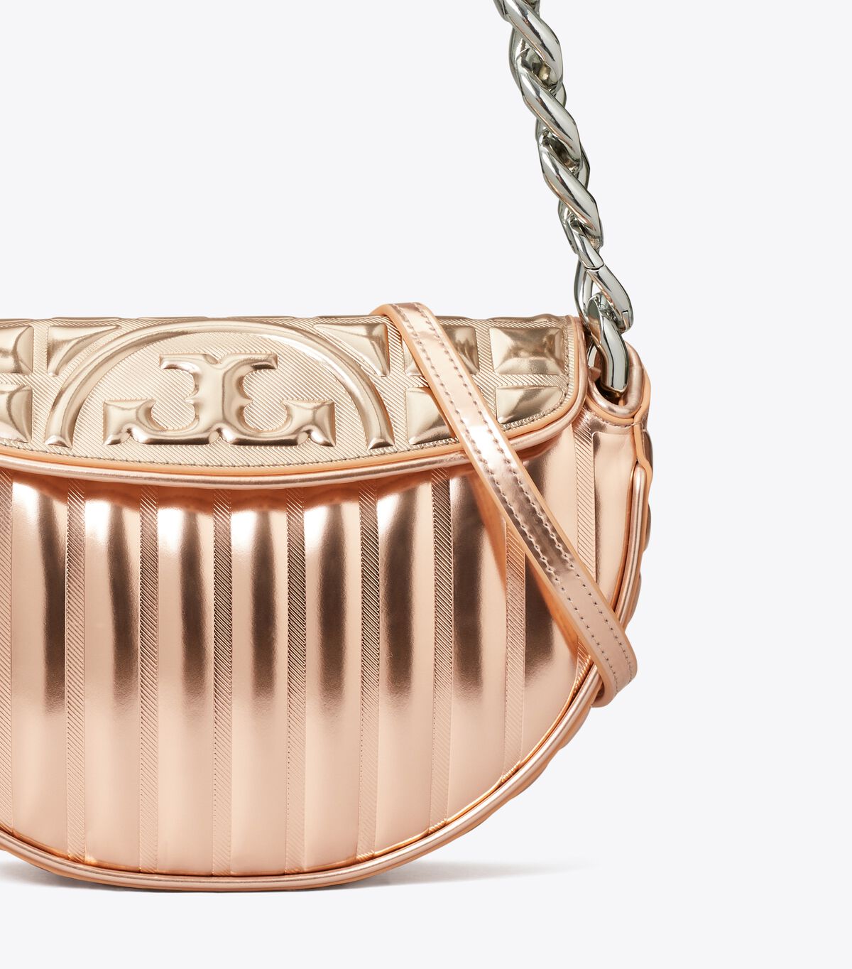 tory burch mini fleming soft metallic quilt crescent bag