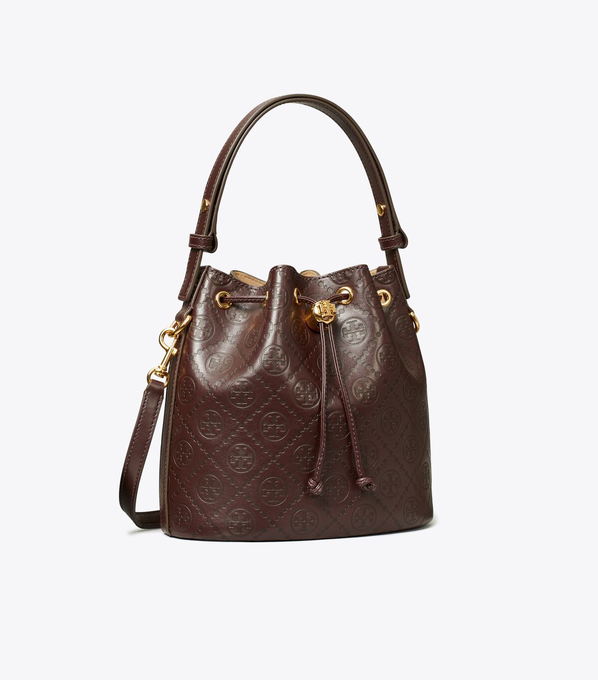 tory burch t monogram leather bucket bag