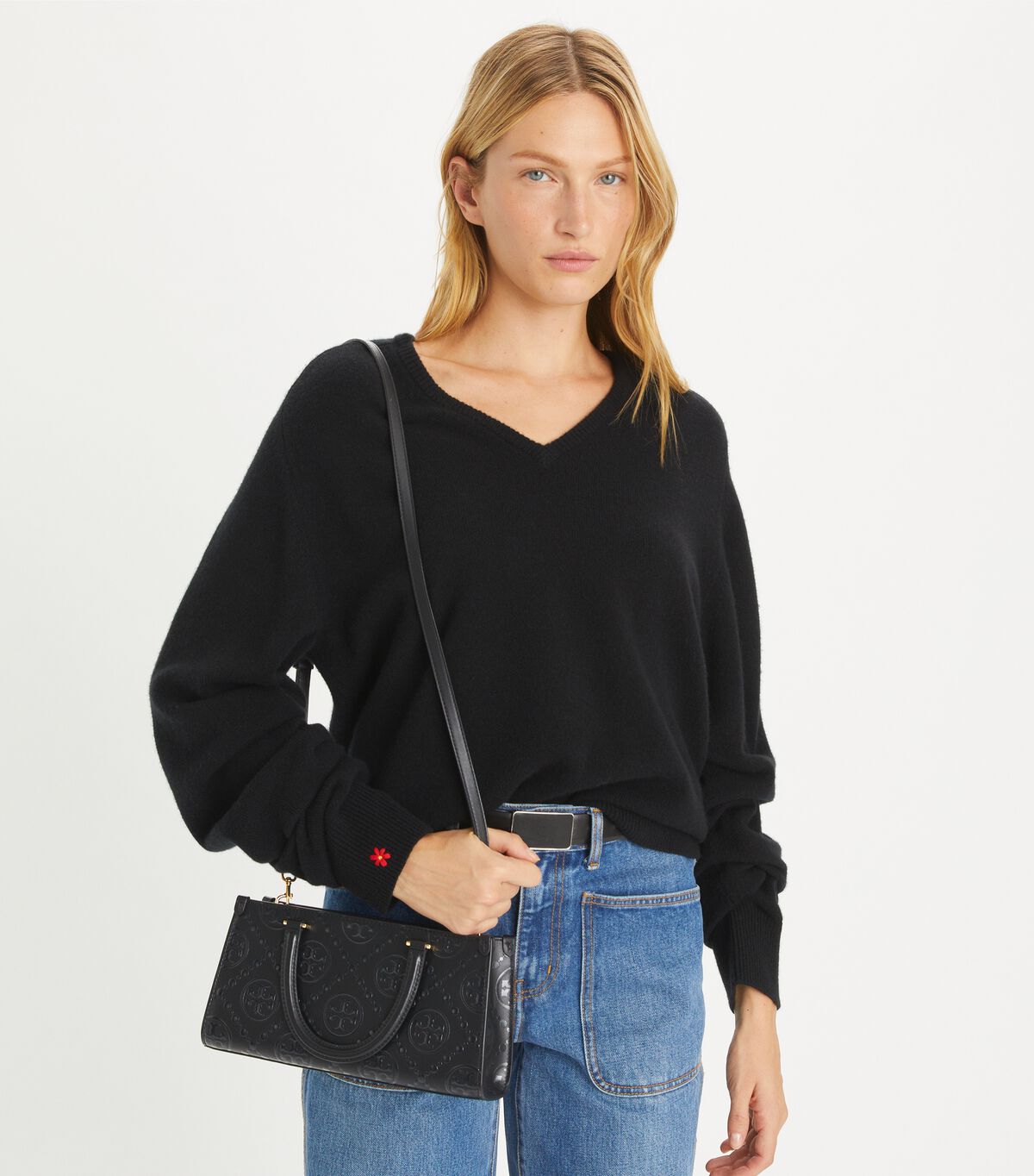 tory burch t monogram embossed small rectangular tote
