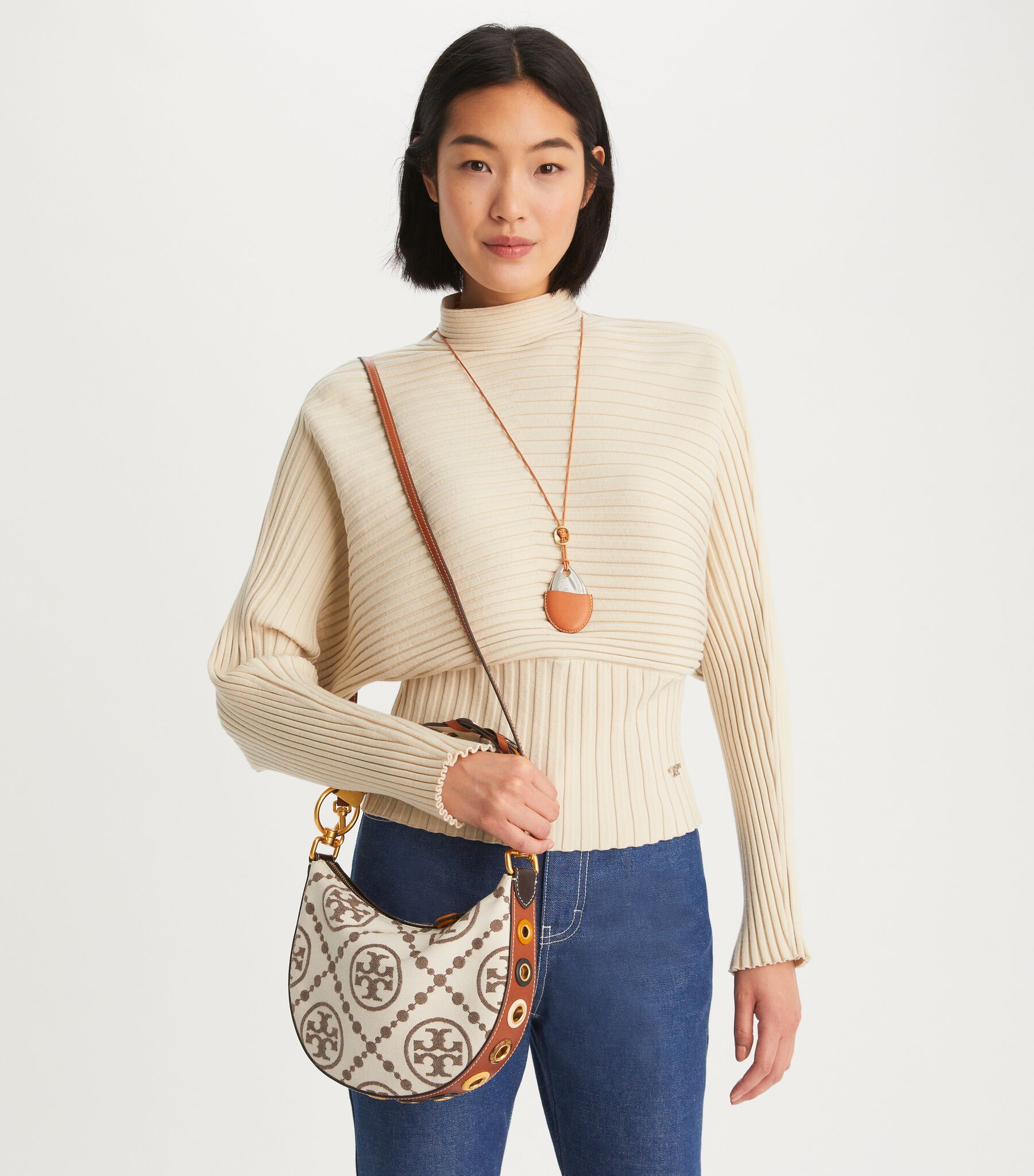 T Monogram Grommet Mini Crescent Bag, Greggio | Tory Burch KW