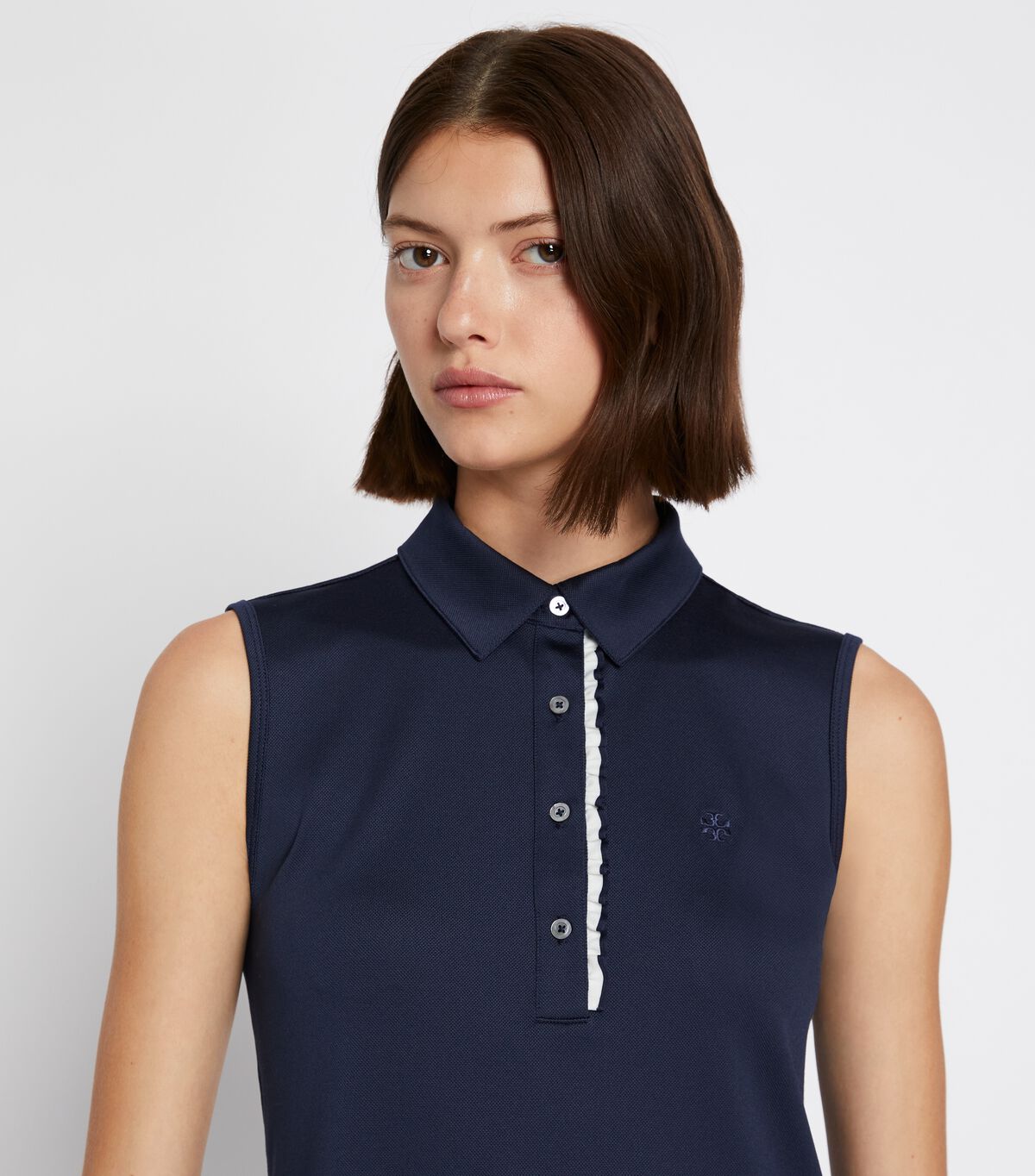 tory burch tech piqu sleeveless ruffle polo