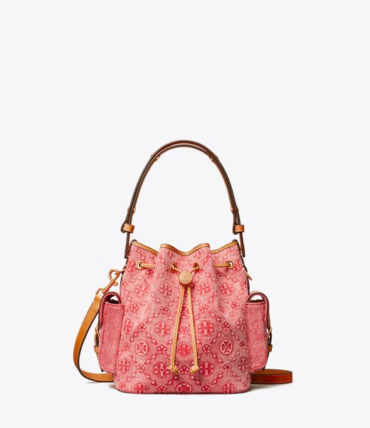 tory burch t monogram denim bucket bag