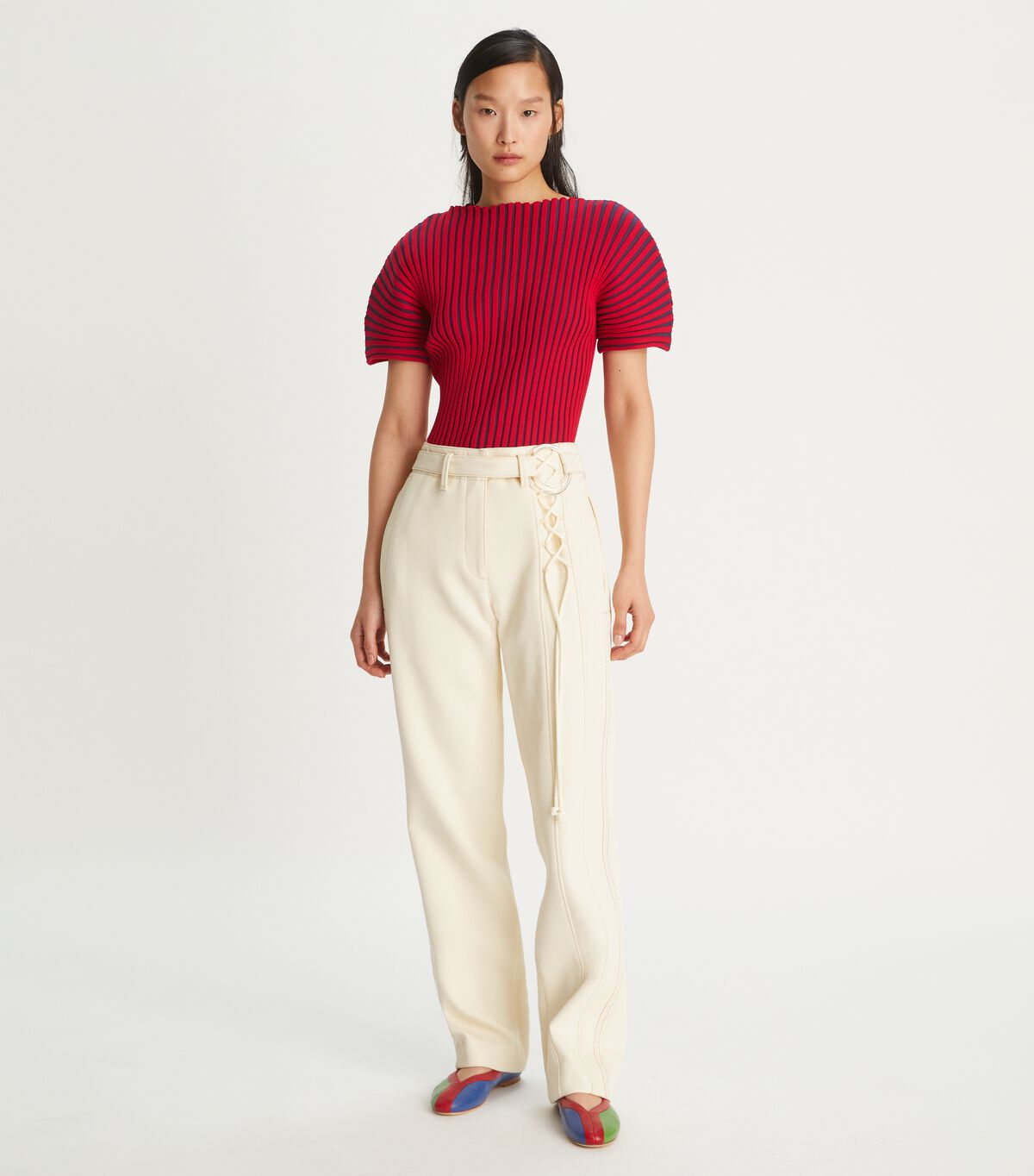 tory burch plaited rib short sleeve sweater