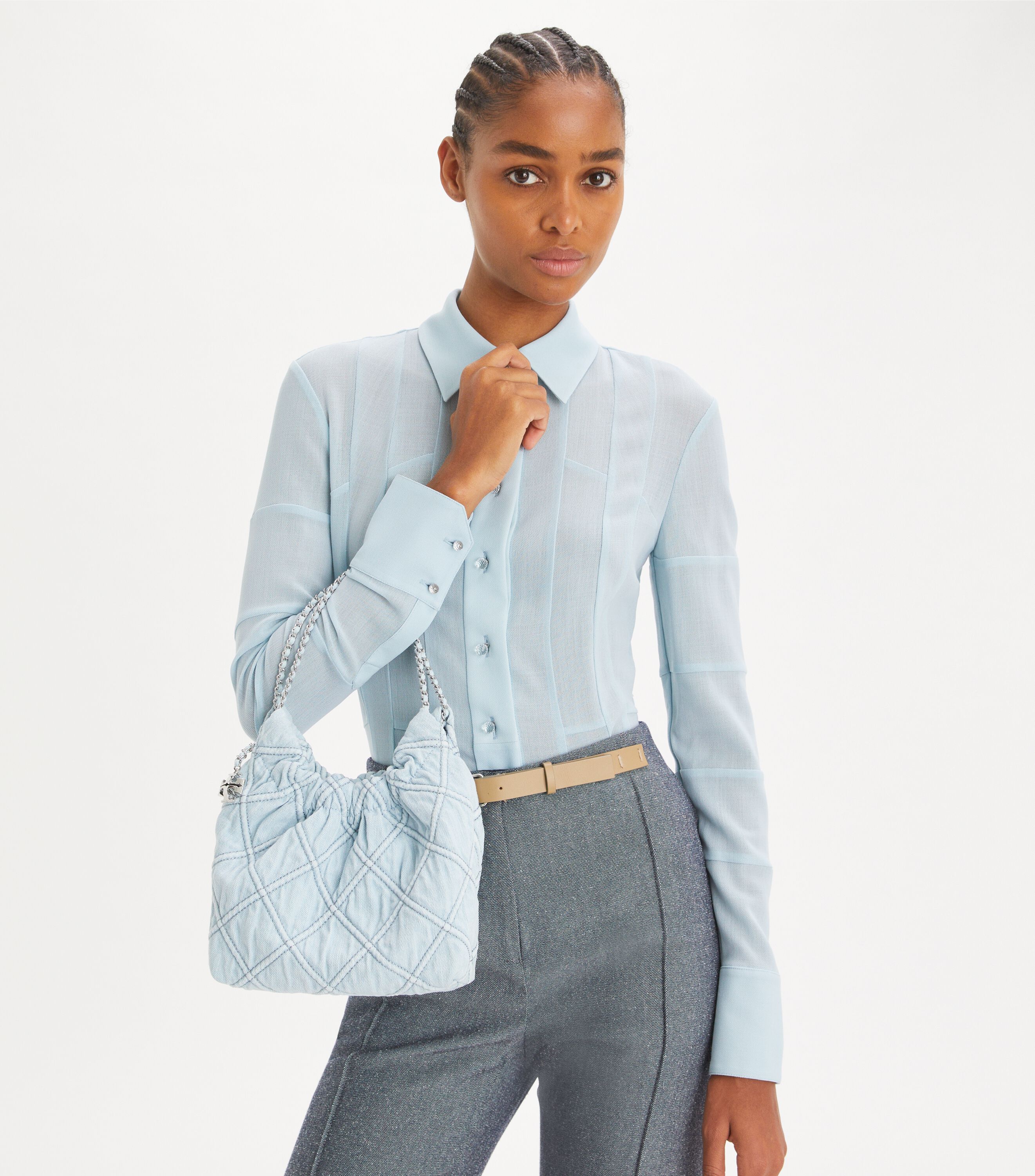 Mini Fleming Soft Denim Hobo Bag, Seltzer | Tory Burch KW