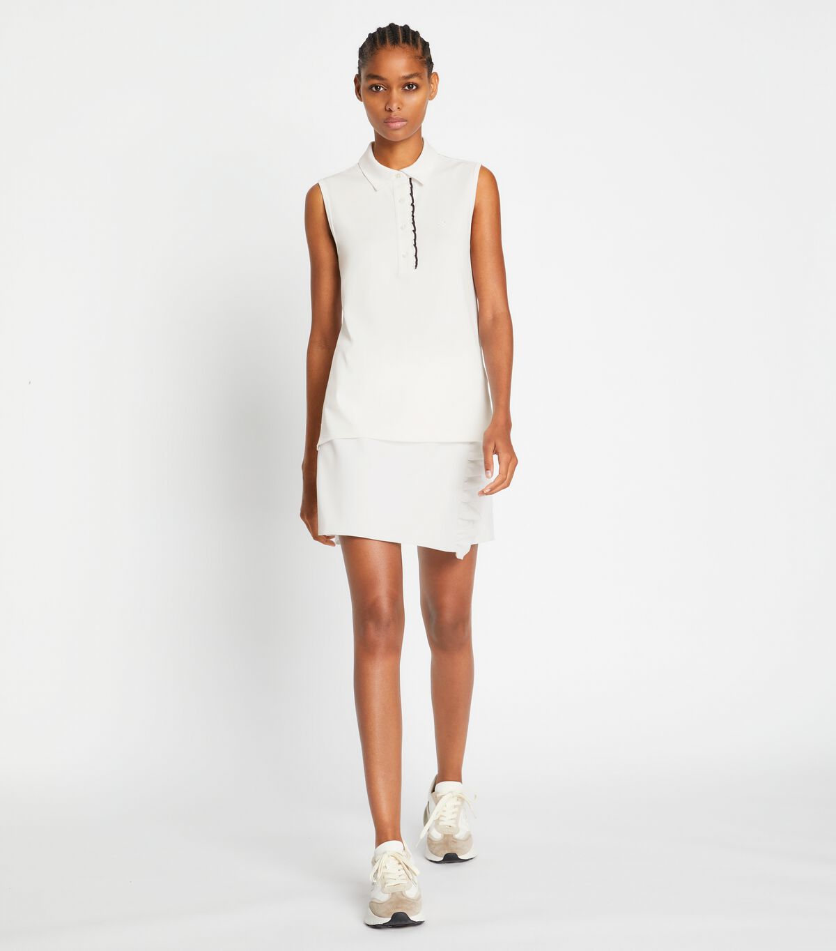 tory burch tech piqu sleeveless ruffle polo