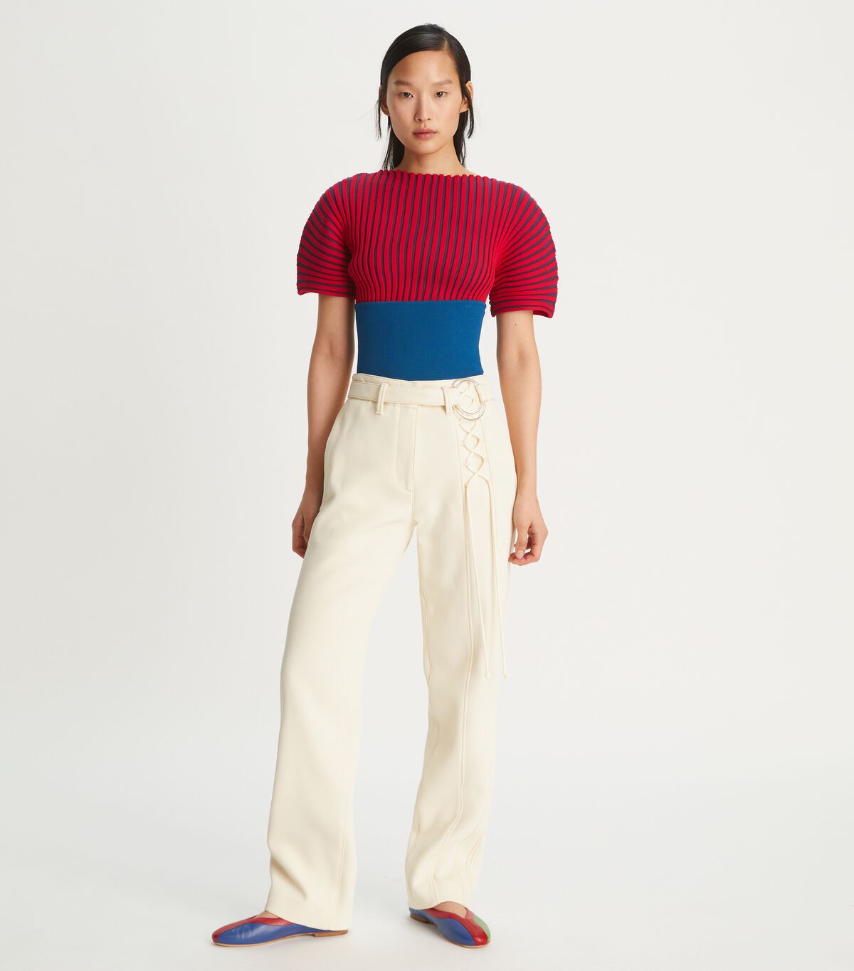 tory burch plaited rib short sleeve sweater
