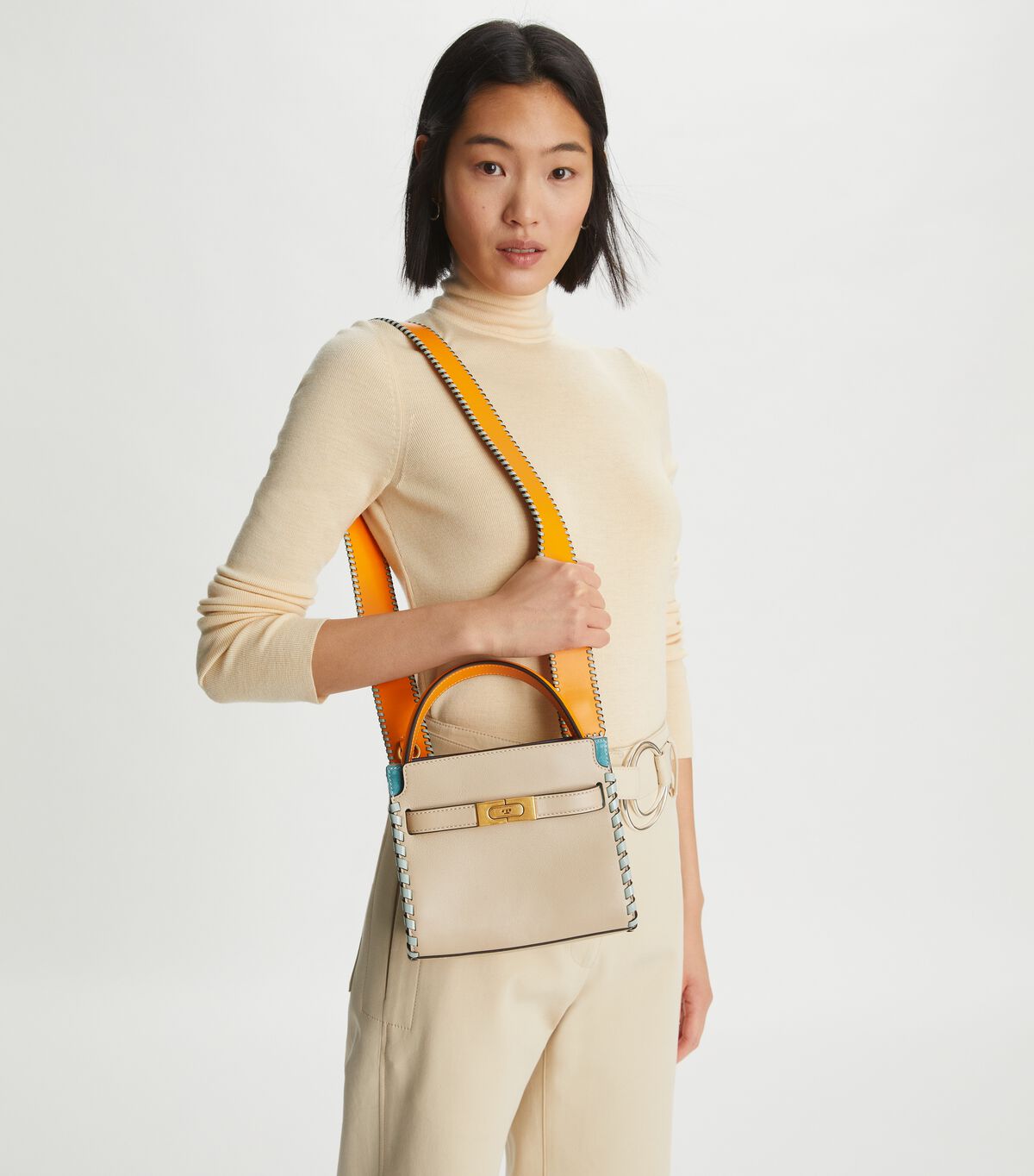 8899 TORY BURCH Lee Radziwill Whipstitch Petite Double Bag CLAY |
