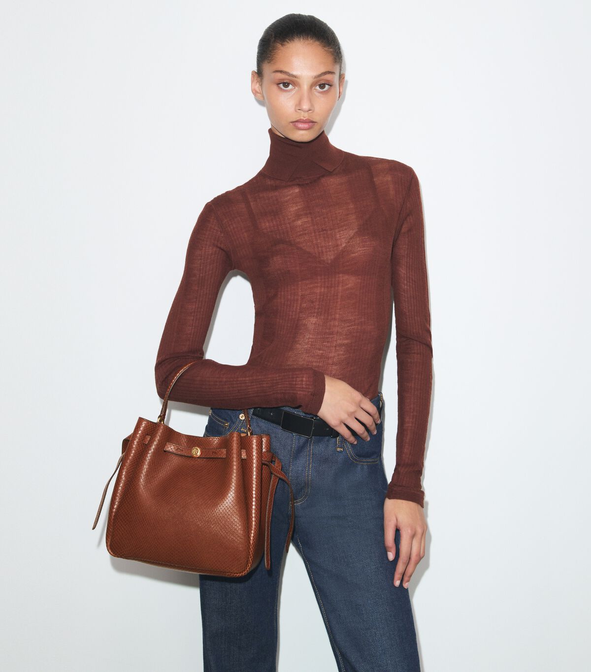 tory burch romy snake embossed bucket bag