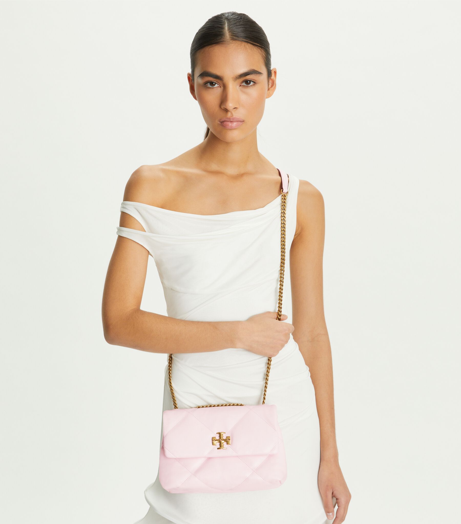 Small Kira Diamond Quilt Convertible Shoulder Bag, Rose Salt