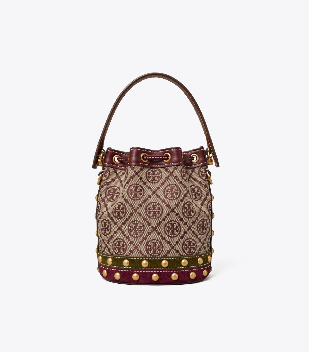 tory burch t monogram jacquard studded mini bucket bag
