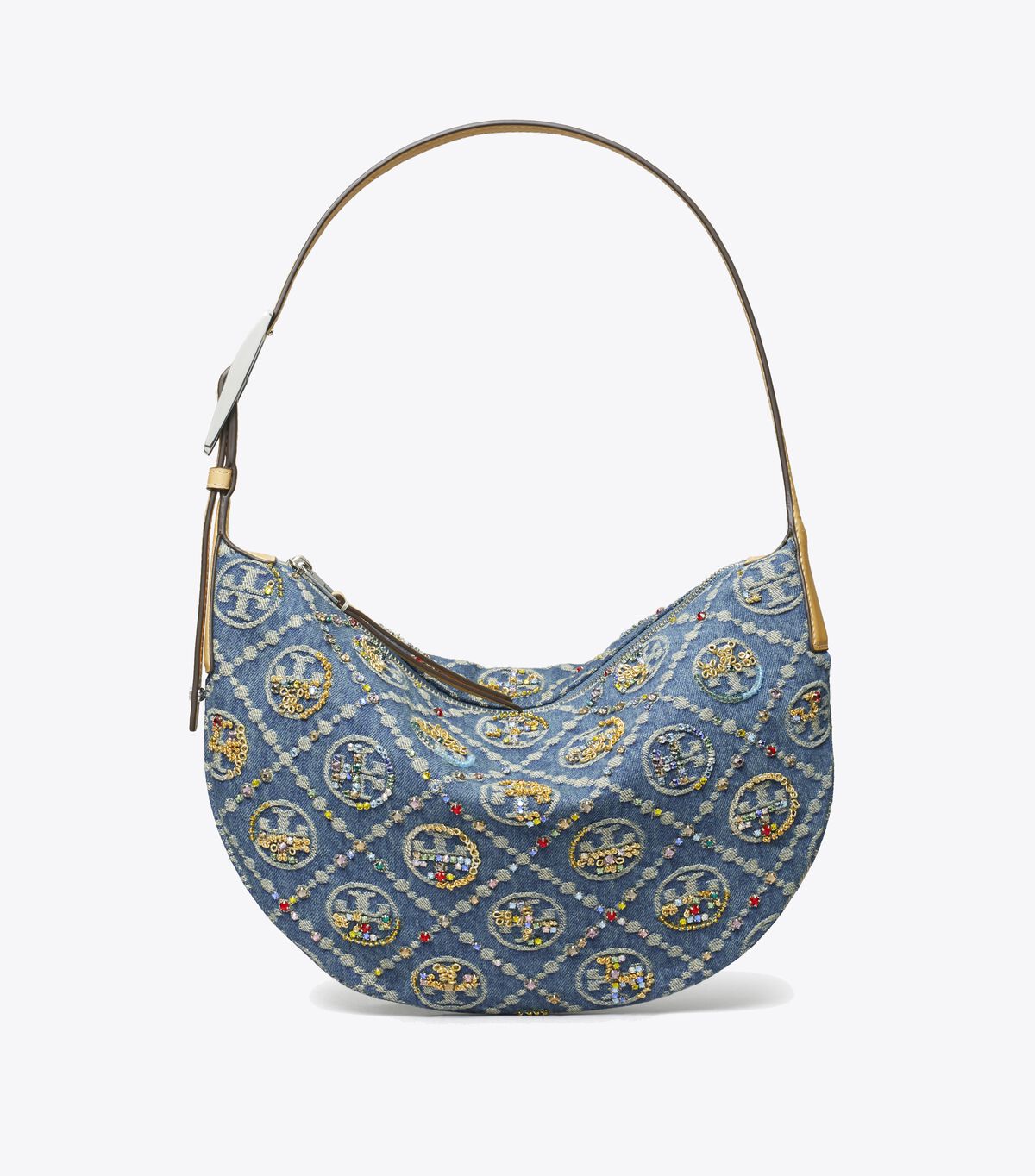 T Monogram Denim Embellished Small Balloon Bag tory burch t monogram denim embellished small balloon bag