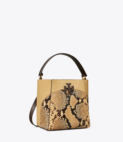 tory burch small mcgraw snake embossed bucket bag