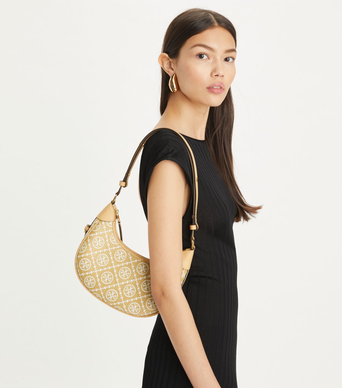 tory burch t monogram raffia crescent bag