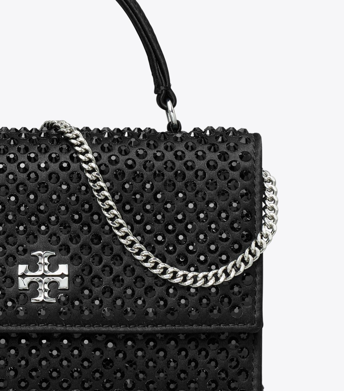 tory burch mini kira satin embellished top handle chain wallet