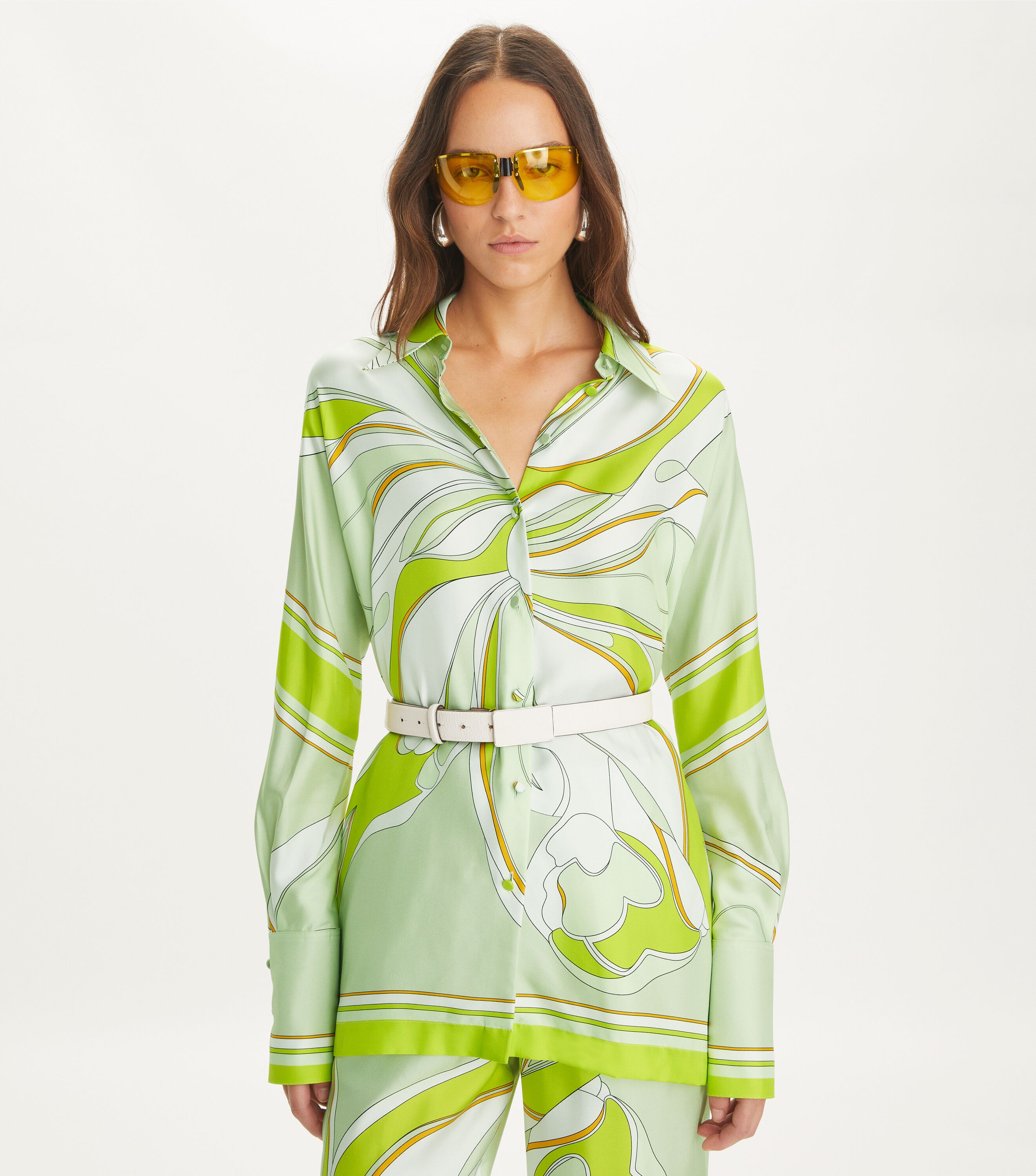 Printed Silk Tunic, Chartreuse Twisty Flower | Tory Burch KW