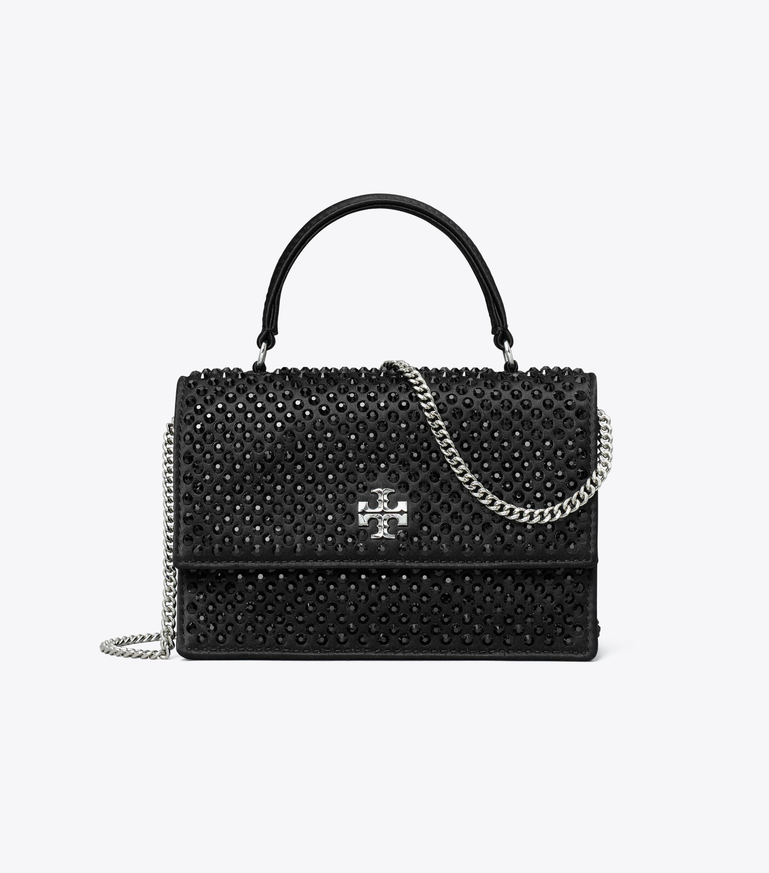 Mini Kira Satin Embellished Top-Handle Chain Wallet, Black | Tory
