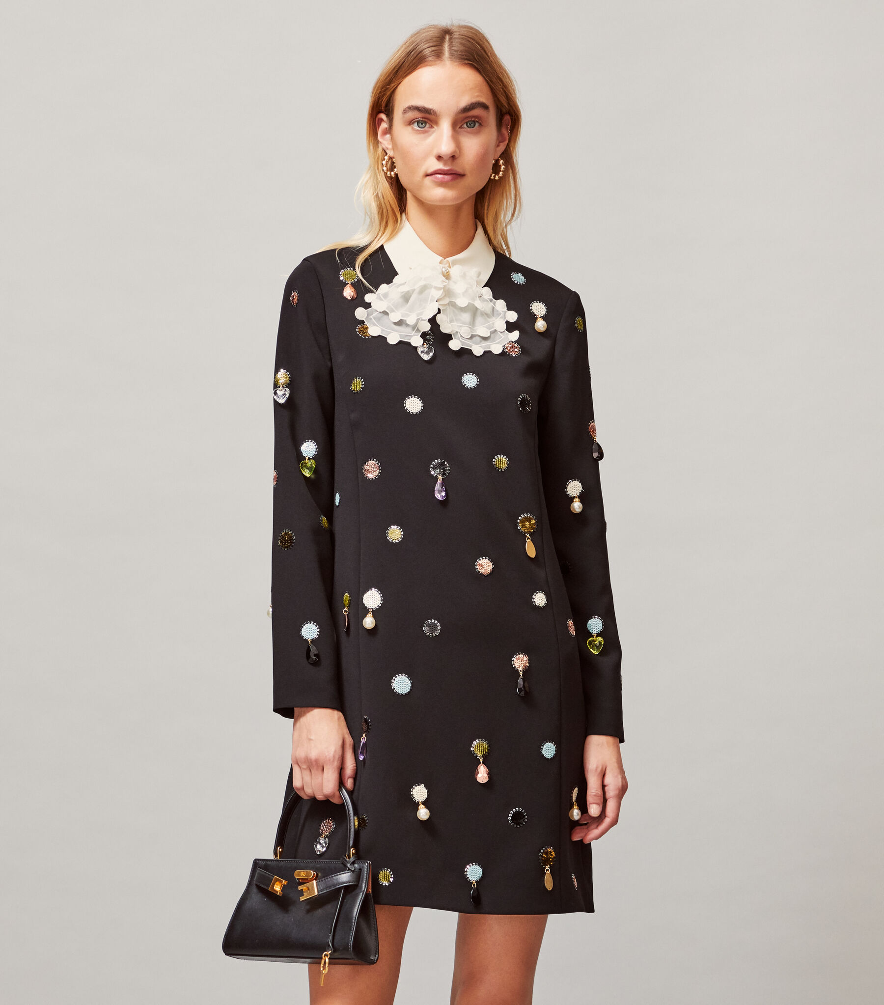 tory burch embroidered shift dress Convertible Jewel-Embroidered Shift Dress, Black