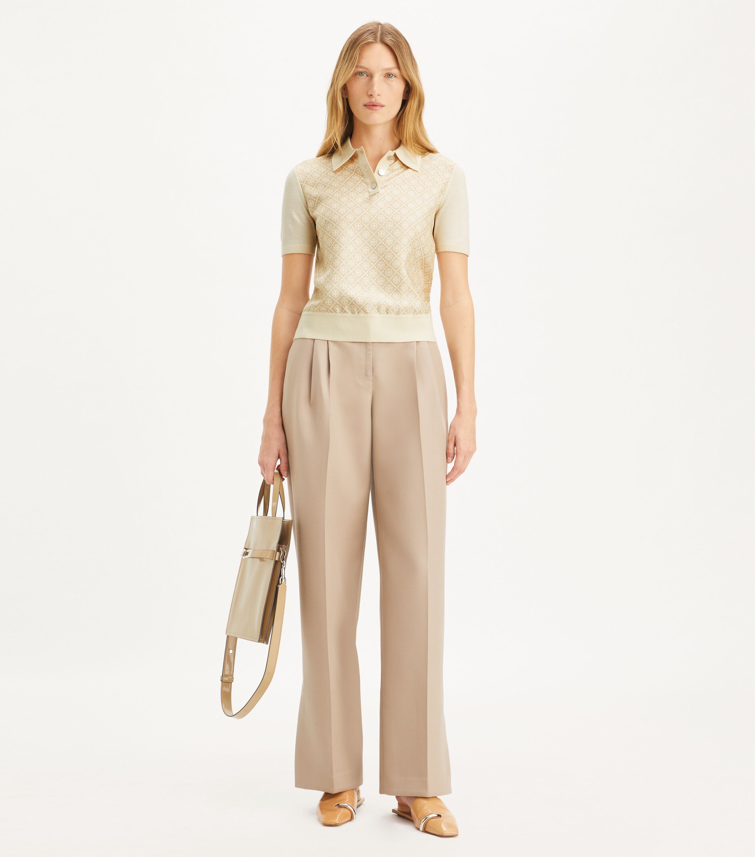 Silk-Front Polo, French Cream / Gold T Mono Mini | Tory Burch KW