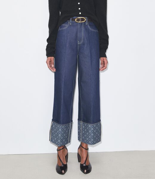 tory burch بنطال جينز مستقيم الساقين بأكمام متباينة