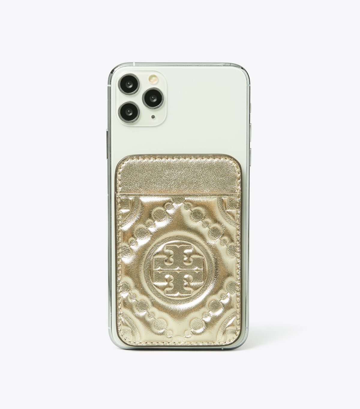 tory burch t monogram embossed metallic card pocket